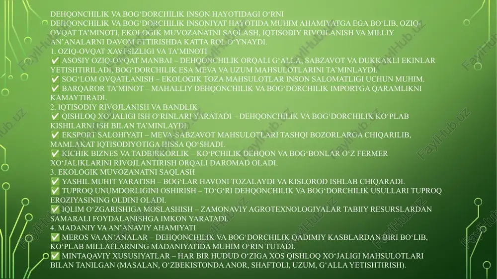 4. iqtisodiy va ijtimoiy ahamiyati ✅ mahalliy iqtisodiyot rivojlanishi – oziq-ovqat mahsulotlarini mahalliy yetishtirish fermer xo‘jaliklari va qishloq hududlarining iqtisodiy o‘sishiga turtki beradi. ✅ aholi bandligini ta’minlash – dehqonchilik va bog‘dorchilik ko‘plab insonlar uchun ish o‘rinlari yaratib, iqtisodiy barqarorlikni oshiradi. ✅ narx-navo barqarorligi – oziq-ovqat mahsulotlarini o‘zimiz yetishtirish orqali narxlarni barqaror saqlash va import mahsulotlarga bog‘liqlikni kamaytirish mumkin. an’anaviy va zamonaviy dehqonchilik dehqonchilik insoniyatning eng qadimgi faoliyatlaridan biri bo‘lib, u turli bosqichlarni bosib o‘tgan. an’anaviy va zamonaviy dehqonchilik bir-biridan texnologiyalar, ekin yetishtirish usullari va samaradorlik jihatidan farq qiladi. 1. an’anaviy dehqonchilik an’anaviy dehqonchilik uzoq yillar davomida ajdodlarimiz tomonidan qo‘llanilgan usullarni o‘z ichiga oladi. bu usullar asosan tabiiy sharoitga moslashgan bo‘lib, zamonaviy texnologiyalar kam qo‘llaniladi. xususiyatlari: ✅ qo‘l mehnatiga asoslangan – asosan belkurak, ketmon, omoch kabi oddiy asbob-uskunalardan foydalaniladi. ✅ organik usullar qo‘llaniladi – sun’iy o‘g‘itlar va kimyoviy vositalarsiz, tabiiy chirindi va go‘ng ishlatiladi. ✅ iqlim va tuproq sharoitiga bog‘liq – …