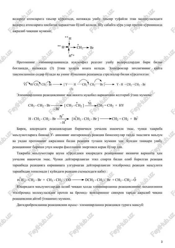 ppalar esa kamaytiradi: fenoksid-ionning asosliligi alkoksid-ionning asosliligidan ahamiyatli darajada past, bu fikrni uilyamson reaktsiyasi bo'yicha taqqoslaganda aralash yog'aromatik oddiy efirlarning unumi alifatik qator oddiy efirlarning unimidan ancha ko'p ekanligi ham tasdiqlaydi. alifatik qator oddiy efirlar unumining past bo'lishiga asosiy sabab eliminirlanish reaktsiyasi borishi va alkenlarning hosil bo'lishi bilan bog'liq: ishqorning suvli eritmasi alkilgalogenidga xuddi asos kabi ta'sir qilishi mumkin, va u gidroliz mahsuloti (spirt)ning unumini pasaytiradi. spirt miqdorini oshirish uchun dastlabki alkilgalogenidga asosliligi kuchsiz bo'lgan- natriy atsetat ta'sir ettiriladi. birlamchi alkilgalogenidlardagi eliminirlanish reaktsiyasi xuddi sn2 xuddi nukleofil almashinish reaktsiyasi singari u bimolekulyar e2 mexanizm deb ataladi, va uning reaktsiya tezligi substrat kontsentratsiyasi hamda reagentning kontsentratsiyasiga bog'liq bo'ladi. e2 mexanizmdagi reaktsiyalarni quyidagicha ifodalash mumkin. alkilgalogenid molekulasidagi brom atomining manfiy induktiv (-i – effekt) ta'siri δ-bog'lar orqali β- uglerod atomidagi vodorod atomlariga ta'sir ko'rsatadi, natijada ushbu ta'sir tufayli etan molekulasidagi vodorod atomlariga nisbatan harakatchan bo'lib qoladi. shu sababga ko'ra ular proton ko'rinishida …