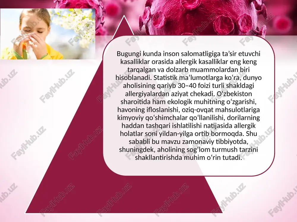 changi va hayvon junlariga allergiya – ko‘pincha uy changida yashovchi mikroskopik kenajonlar, mushuk yoki it junlari allergik reaktsiyani qo‘zg‘atadi. belgilari: nafas olish qiyinlashuvi, burun bitishi, yo‘tal va ko‘zdan yosh oqishi. teri allergiyasi (kontakt dermatit) – bu turdagi allergiya teriga bevosita allergen ta’sir etganda yuz beradi. masalan, kosmetika, sovun, metall zargarlik buyumlari yoki kimyoviy vositalar bilan aloqa natijasida qichishish, qizarish, pufakchalar paydo bo‘ladi. hasharot chaqishiga allergiya – ari, chivin, pashsha yoki asalari chaqishidan keyin teri shishi, og‘riq, nafas qisilishi, og‘ir hollarda esa anafilaktik shok kuzatiladi. nafas yo‘llari allergiyasi (bronxial astma) – bu allergik kasallikning eng og‘ir shakli bo‘lib, allergen ta’sirida nafas yo‘llari torayadi, bemor nafas olishda qiynaladi va bo‘g‘ilish holatlari kuzatiladi. allergik kasalliklarning sabablari va rivojlanish omillari allergik kasalliklarning kelib chiqish sabablari ko‘p qirrali bo‘lib, ularning rivojlanishida genetik, ekologik, biologik va ijtimoiy omillar o‘zaro chambarchas bog‘liqdir. allergiya har qanday yoshda paydo bo‘lishi mumkin, ammo so‘nggi yillarda bolalar va o‘smirlar orasida bu …