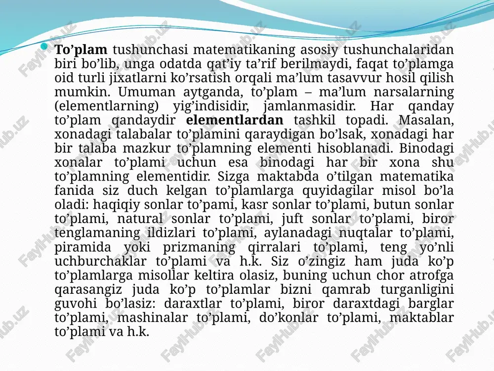 i (yoki orasidagi) o’zaro bir qiymatli moslik deb ataladi. masalan, a = { 1, 2, 3, 4, 5 } va b = { a, b, c, d, e } to’plamlar o’rtasida quyidagicha (ya’ni quyidagi jadval orqali) o’zaro bir qiymatli moslik o’rnatish mumkin: endi ikkita cheksiz to’plam uchun ularning quvvati tengligini aniqlashga oid bir misol ko’rib chiqaylik. natural sonlar to’plami n = { 1, 2, 3, … } va juft natural sonlar to’plami j = { 2, 4, 6, … } to’plamlarni ko’rib chiqaylik. agar har bir n ∈ n natural songa 2n ∈ j juft sonni mos qo’ysak, ya’ni n va j to’plamlar orasida n  2n shaklda moslik o’rnatsak, u holda bu moslik o’zaro bir qiymatli moslik bo’ladi. bu moslikning dastlabki qismini ushbu jadval orqali ko’rish ham mumkin: n to’plam elementlari bu moslik o’zaro bir qiymatlik moslikdir, chunki: 1) har bir natural songa bitta juft son mos qo’yilgan; 2) …