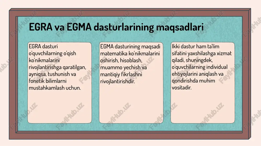 n adabiyotlar 1. o‘zbekiston respublikasi ta'lim vazirligi. egra va egma dasturlarining ta'lim sifatini oshirishdagi roli. o‘zbekiston ta'lim jurnal, 2020. 2. yusupova, s. egra va egma dasturlarining metodologik asoslari. toshkent: ta'lim va tarbiya nashriyoti, 2019. 3. rahmonov, s. o'qish va matematika ko'nikmalarini baholashda xalqaro tajribalar. xalqaro ta'lim konferensiyasi materiallari, 2021. 4. islomov, a. ta'lim sifatini yaxshilashda innovatsion yondashuvlar: egra va egma misolida. o‘zbekiston pedagogika jurnali, 2022. 5. xalqaro ta'lim tashkiloti. egra va egma dasturlarining muvaffaqiyatli amaliyoti va natijalari. xalqaro ta'lim ko‘rsatkichlari, 2023. e’tiboringiz uchun rahmat! image1.png image2.png image3.png image4.png image5.png image6.png image7.png image8.png image9.png image10.png image11.png image24.jpg image12.png image13.png image14.png image15.png image16.png image17.png wie