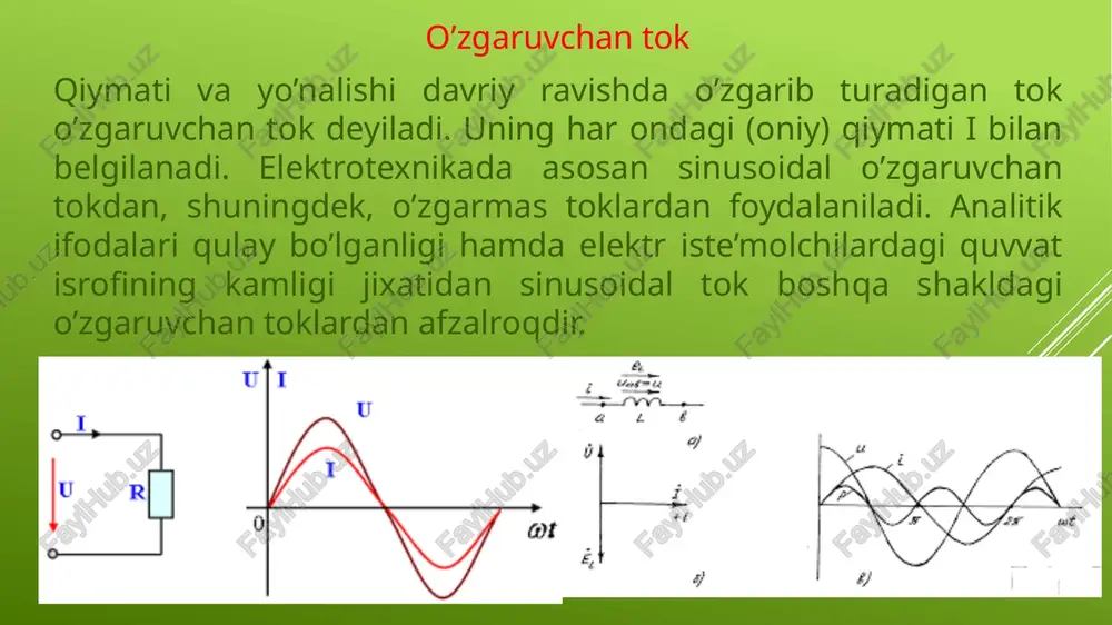 tor qismalari deyiladi. tok chulgʻamining generator qismasi manba tarafga ulanadi. kuchlanish chulgʻamining generator qismasi agarda yuklamaning qarshiligi nisbatan katta boʻlsa manba tarafga (a-rasm) va nisbatan kichik boʻlsa yuklama (b-rasm) tarafga ulanadi. uch fazali elektr zanjirlarida aktiv quvvatni oʻlchash bizga elektrotexnikaning nazariy asoslari fanidan maʻlumki uch fazali elektr zanjirlari uchun aktiv quvvatning formulasi umumiy holda (nosimmetrik yuklama) quyidagicha yoziladi: agarda simmetrik yuklama boʻlsa: p=3pf, chunki pa=pv=pc . bundan koʻrinadiki simmetrik yuklamali uch fazali elektr zanjirlarida bitta vattmetr bilan har qanday fazasi quvvati oʻlchanib uchlansa uch fazali zanjir quvvati topiladi. buni bitta vattmetr usuli deyiladi. 5.4-rasmda isteʻmolchilari yulduz ulangan sxema keltirilgan. koʻp hollarda neytral nuqtaga yoki uchburchakning tomonlariga vattmetrni ulashga mumkin boʻlmay qoladi. bunday hollarda vattmetr sunʻiy neytral nuqta orqali ulanadi. uch fazali zanjirning quvvatini aniqlash uchun vattmetr koʻrsatgan quvvat pw uchga koʻpaytiriladi. xulosa men bu mavzuni mustaqil o’rganish davomida bir fazali elektr toki, sinusoidal toklar, uch fazali sinusoidal toklar, bir fazali …