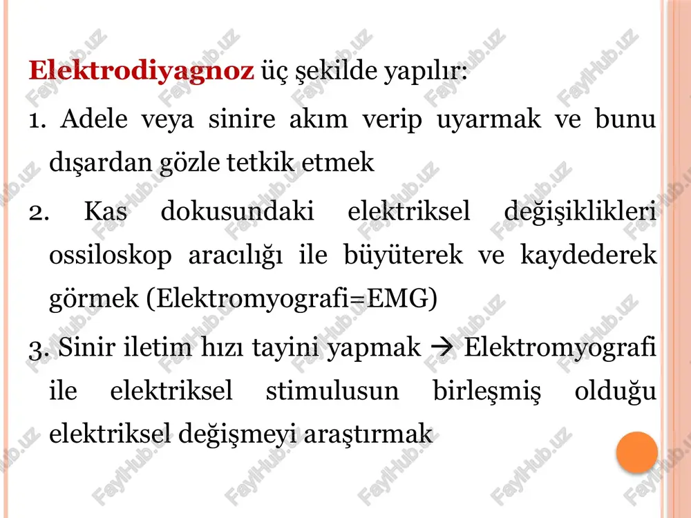 i hafta sonra tam dejenerasyon reaksiyonu görülür. 2-tam dejenerasyon reaksiyonu evresi lezyonun şiddetine göre birkaç haftadan bir yıla kadar veya daha uzun sürer. 3-son evre ya istemli fonksiyon ve akıma cevap biraz geri döner veya mutlak dejenerasyon gelişir. dejenerasyon reaksi̇yonuna sebep olan faktörler 1-sinir veya sinir kökünün tam kesileri, 2-sinir üzerine herhangi bir basınç (koltuk değneği gibi) veya kemik iyileşmesi sırasında meydana gelen kallusun sinire basıncı, 3-sinirlerin fazla çekilip gerilmesinden doğan durumlar (erb felci gibi) 4-toksik nöropatiler (alkolik, diabetik), kurşun, civa zehirlenmeleri, 5-medulla spinalisin ön boynuzunun harabiyetinden ileri gelen durumlar (poliomyelit, siningomyelit v.s.). anormal reaksi̇yonlar bir kas motor noktadan kesikli galvani ile stimüle edilirse devrenin her açılış kapanışında kastan cevap alınır ki buna “pflüger kanunu” denir. anormal reaksi̇yonlar 1-longitudinal reaksiyon:doumer reaksiyonu da denir. kas stimüle edildiği zaman cevabın motor noktadan değil de daha aşağıda, tendona yakın bir yerden alınmasıdır. 2-remark reaksiyonu: kas stimüle edildiği zaman cevabın ani olacağı yerde uzun …