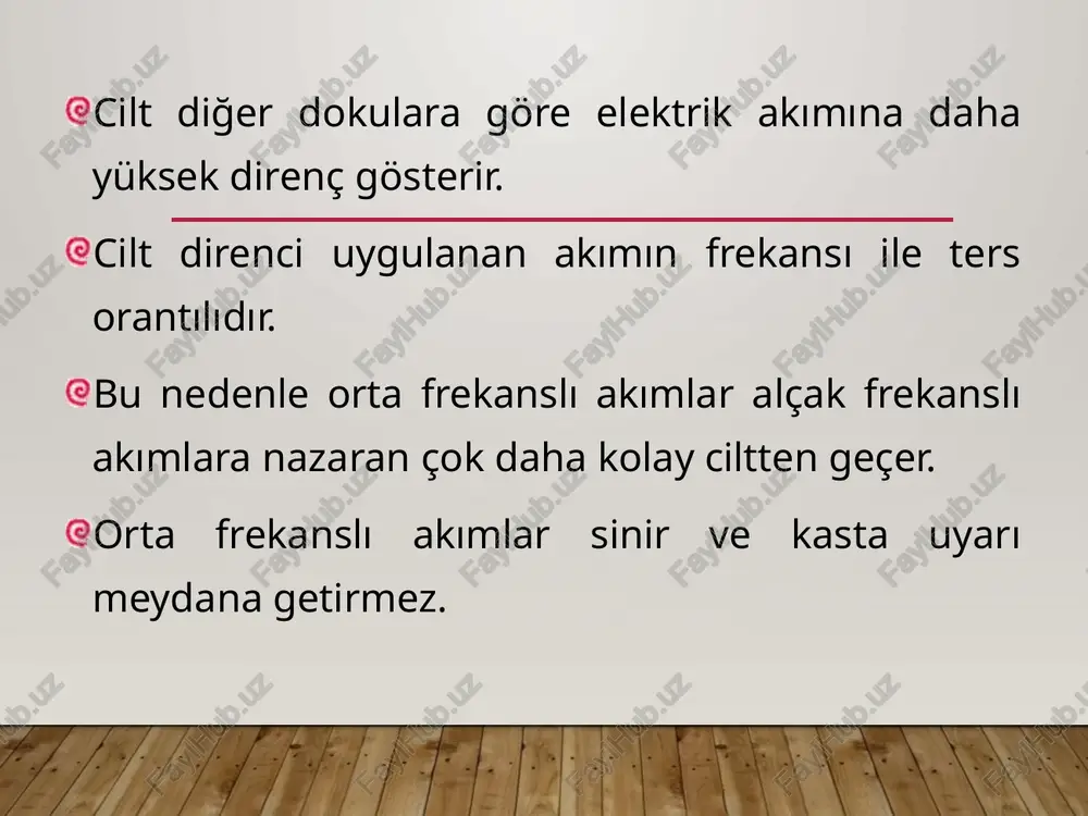 ılır. 90-100 sabit 100 hz uygulamasına benzerdir. ritmik frekans olarak da adlandırılır. frekans ritmik değiştiği için doku adaptasyonu engellenir. sedatif etki sağlamak için kullanılır. 50-100 sedatif etki ve kontraksiyon oluşturmak amacıyla kullanılır. avantajlari yanık oluşmaz. his kusurunda uygulanabilir. deri rezistansını azalttığı için uygulanırken ağrı yapmaz. derin dokulara uygulama yapmaya izin verir vakumla kullanabilme özelliği var. dezavantajlari denerve kasları stimüle etmez. termal etki oluşturmaz. endi̇kasyonlar - i distorsiyon / burkulma sudeck atrofisi osteoartrit periartrit, epikondilit, tendinopati omuz-el sendromu gibi ağrılı omuz sendromları siyatalji, nevralji (trigeminal, occipital) miyalji i̇nflamatuvar romatizmal hastalıklar endi̇kasyonlar - ii herpes zoster adezyon sfinkter zayıflığı, stres inkontinans konstipasyon venöz ve arterial dolanım bozuklukları (akut tromboz ve emboli hariç) fascial paralizi bel ağrısı kontraendi̇kasyonlari kardiyak pacemaker hipotansiyon, hipertansiyon servikal, torakal ve kraniyal geçiş bölgeleri akut arterial veya venöz tromboflebitte lezyon bölgesi vücut ısısının arttığı durumlar hamilelerde abdominal, pelvik, lumbosacral bölge astenik kişiler veya çocuklarda göğüs kafesi üzerine enfeksiyon, neoplazmlar …