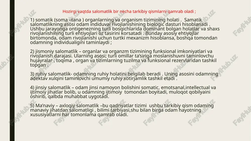 salomatligidan qoniqishini aniqlash mumkun , bu miqdoriy standardlar birliklarda ifodalaniladi . salomatlik miqdorini nazorat qilishning zamirida uchinchi holatdagi odamlarni tashxis qilish , yani donozologik diognostika yoppasiga prafilaktik koriklarni tashkil etish . bunday yondashuv organzmni adaptatsion umkoniyatlari bilan kasallanish orasida uzviy boglikliq borligini korsatadi ; 1 atrof – muhit sharoitga qoniqarli moslanish ; 2 moslanushuvchanlikni qator mexanizmlari 3 qoniqarsiz moslanuvchanlik 4 moslanuvchanlikni buzilishi bazi tadqiqotchilar organzmning adaptatsion imkoniyatlarini baholashda funksional ozgarishlar indeksini aniqlaydi , buning uchun faqat plus miqdori , qb, boy, tana, vazn, yosh,jins,malumotlari olinadi . salomatlikni baholash va aniqlashda tortta valeologik –ma’naviy , ruhiy , jismoniy va tibbiy tamoillar muhim. e’tiboringiz uchun rahmat /docprops/thumbnail.jpeg