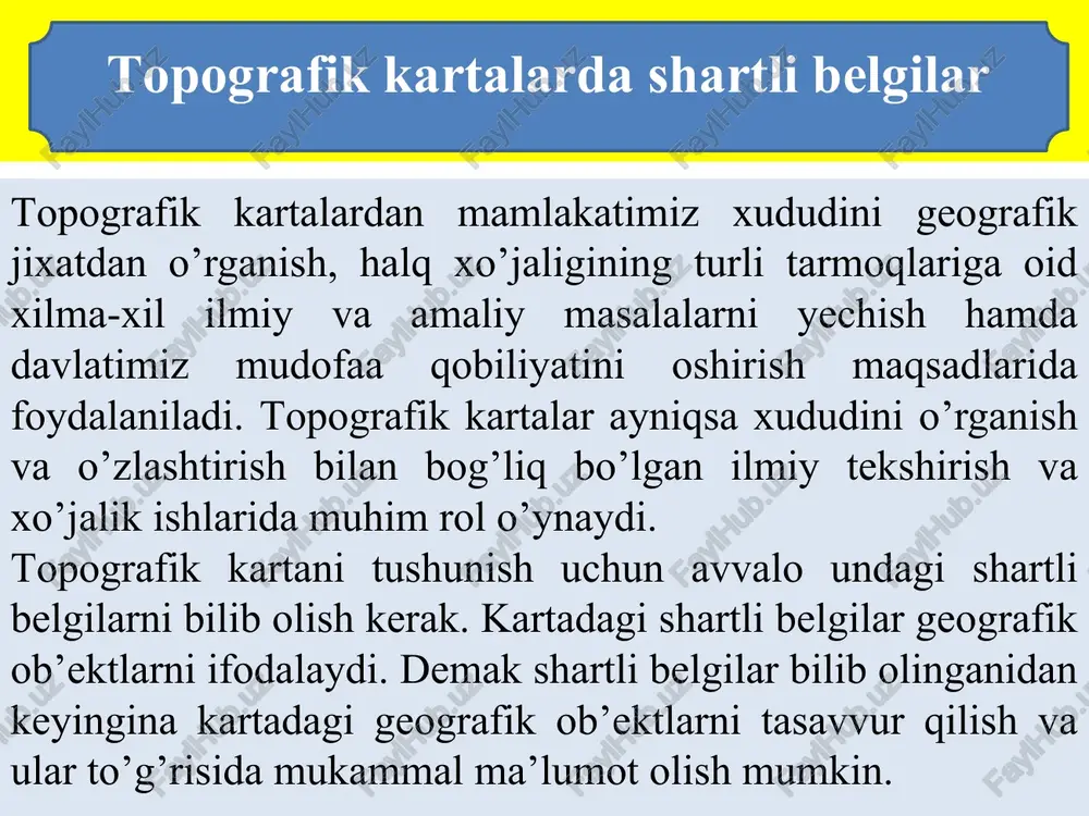 gilar bilan tasvirlanadi. karta masshtabida ifodalash mumkin bo’lgan maydonni egallagan ob’ektlarni tasvirlash uchun maydonli shartli belgilardan foydalaniladi: ular konturni chegaralaydigan chiziq – kontur va konturni to’ldiradigan shartli belgidan tarkib topgan. ko’pincha shartli belgilar planda joydagi tegishli ob’ektga nisbatan katta joyni egallaydi, u xolda masshtabsiz bo’lgan shartli belgilardan foydalaniladi. topografik xaritada belgilarni qo‘llanilishi uzunligi plan yoki karta masshtabida ifodalaniladigan, kengligini esa ifodalash imkoniyati bo’lmaydigan ob’ektlar holatini tasvirlash uchun chiziqli shartli belgilardan foydalaniladi. har bir masshtabsiz va chiziqli shartli belgilar asosiy nuqtalar yoki ma’lum chiziqga ega bo’ladi, bunda faqat nuqtalar va chiziqlar ob’ektining joydagi xolatini aniqlaydi. maydonli, chiziqli va masshtabsiz shartli belgilar ularning izoxlari bilan birgalikda foydalaniladi. reylefning ayrim elementlari va tafsilotlarini gorizontallar bilan ifodalash mumkin bo’lmasa shartli belgilar bilan belgilanadi. bularga jarliklar, chuqurliklar, qo’rg’onlar va boshqalar kiradi. har xil masshtabli kartalar va planlar shartli belgilari bilan bir biridan farq qiladi.qabul qilingan shartli belgilar karta va planlarni tuzuvchi barcha korxonalar tomonidan qo’llanishi …