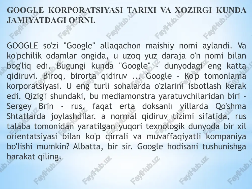 arga ega. google korporatsiyasiga shuningdek, 466453.com ham tegishlidir. bu raqamlar telefon klaviaturasida g o o g l e harflaridir. 6. statistikaga ko‘ra, 2016 yil oktabrda google’ning jahon qidiruv tizimidagi ulushi 90,3 foizga yetgan. 2017 yil iyulda bu raqam 86,8 foizga tushdi. 7. google tarkibida hamon oq tanli va osiyoliklar ko‘pchilikni tashkil etadi. recode ma'lumotlariga ko‘ra, google’ning oq tanli xodimlari soni bu yil 59 foizdan 56 foizga tushgan. osiyolik ishchilar soni 32 foizdan 35 foizga oshgan. 8. google soni «gugol» so‘zidan olingan bo‘lib, 100 nolli raqamni anglatadi. 9. avvalroq, google mahalliy yangiliklarni avtomatlashtirish loyihasini moliyalashtirishi xabar qilingan edi. 10. google.com 1998 yili 2 dekabrda mana shunday ko‘rinishda edi. 11. har yilgi may oyida bo‘lib o‘tadigan google i/o ishlab chiqaruvchilar konferensiyasida kompaniyaning e'lon qilishicha, 2 mlrd sahifa uning amp formatiga murojaat qilmoqda. u kontentni yaxshiroq keshlash imkonini beradi. bu bilan mobil sahifalarni yuklash tezligi oshadi. ayni vaqtda shu formatda 900 ming domen …