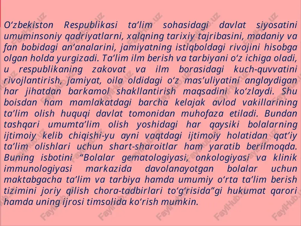 n bolalarning sifatli va uzluksiz ta’lim olish ro‘yobga chiqarish uchun ruhiy dalda berish va ko‘maklashishdir. gospital pedagogika - uzoq muddatli davolanishda bo‘lgan va sog‘lig‘i sababli ta’lim muassasalariga bora olmaydigan bolalar uchun ta’limni tashkil etish bilan bog‘liq pedagogika bo‘limi. kasalxona pedagogikasi pedagogikaning bir qismi sanalib, o‘z e‘tiborini o‘quvchilarning alohida toifasiga - uzoq muddatli davolanishga muhtoj bolalarga qaratadi. pedagogikaning ushbu sohasini amalga oshirish va rivojlantirishning murakkabligi idoralararo bog‘liqlik bilan bog‘liq: ta’lim, sog‘liqni saqlash va ijtimoiy himoya. bolani davolash jarayonida tibbiy va pedagogik texnologiyalarni uyg‘unlashtirish, ya’ni integratsiyalash har tomonlama reabilitatsiyani anglatadi. gospital pedagogikaning markaziy konsepsiyasi shifoxona maktabi - asosiy va qo‘shimcha umumiy ta’lim dasturlari bo‘yicha ta’lim faoliyatini amalga oshiradigan, tibbiy tashkilotda uzoq muddatli davolanishga muhtoj bo‘lgan bolalar o‘qitiladigan tashkilot sanaladi. uzoq muddatli davolanishda bo‘lgan bolaga nisbatan ta’lim faoliyatidagi shifoxona o‘qituvchisi - uzoq muddatli davolanishda bolalar bilan ishlash bo‘yicha maxsus tayyorgarlikdan o‘tgan pedagogik ma‘lumotga ega mutaxassis tomonidan amalga oshiriladi. . o‘z nomidan kelib chiqqan …