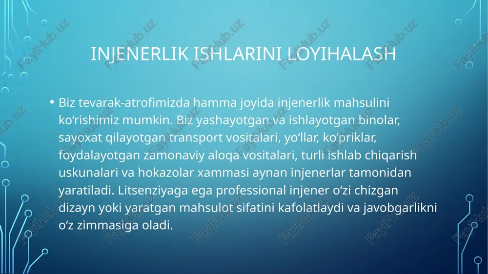 shu qatlamlar paydo bo‘lishi bilan bog‘liq bo‘lgan yer osti boyliklarini kishilik jamiyati manfaatlari uchun foydalanish yo‘llarini o‘rganadi. injenerlik geoekologiyasi. injenerlik geoekologiyasi1 yerning geosfera2 qavatini tashkil qiluvchi tabiiy muhit komponentlarini (litosfera, gidrosfera, biosfera) odamlarning injenerlik va xo‘jalik faoliyatlari oqibatida o‘zgarish qonuniyatlarini va sabablarini o‘rgand foydalanilgan adabiyotlar akademik q. n. abdullabekov, geologiya-mineralogiya fanlari dok tori , pro f. y. e . ergashev, geologiyamineralogiya fanlari nomzodi t. m. mannonbekov image2.png image3.jpeg image4.jpeg sanoat ‘gidrotexnik yer ost! maxsus tog ishlari 1 qa wu rr haharlar' injene ruk eclogiyas _ lu ss hi li fos) regicnal injenerlik geclogiyasi injenerlik geodina- niikasi matematika injenerlik geologiyasi nerlik geo-; logiyasi mexanika injenerlik injenerlik geomorfo- geoeko- logiyas! losiyas! geomorfologiya| || sidrogeglogiya geofizika tuproqashunoslik oan i mineralogiya | | tarixiy geologiya sinamik. | tektonika eh oa ss oa /docprops/thumbnail.jpeg