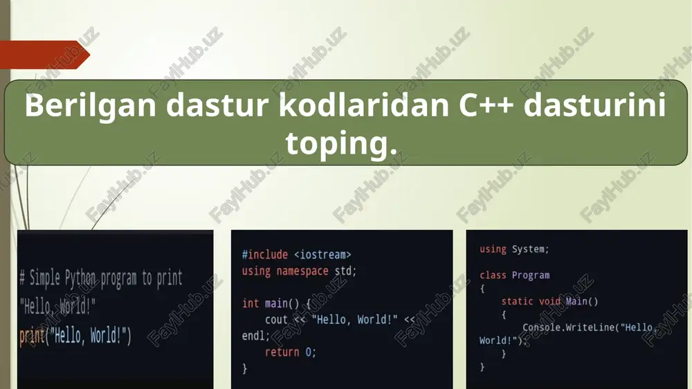 std; int main() { cout << "hello, world!" << endl; return 0; } # sinple python program to print "hello, world!" print("hello, world!") list1 python c++ c# javascript toping 0 0 0 toping 0 0 0 toping 0 0 0 toping 0 0 0 adobe photoshop google chrome mikrosoft visual studio call of duty watsapp dasturlarning hajmini kiriting 5 -52 = 70-208=-138 - 14 2 -52 = 28+156=184 3 4 14 5.32 = -8-15=-23 -4 4 iene) 0 a 4 = a 8) bbo ramone yd er ls a gomtn2=0 un eo a pr t ert in po 193275, 79538, + 1983, arifmetik amallar qo’shish 2189/8 2184 | 273 |8 /docprops/thumbnail.jpeg