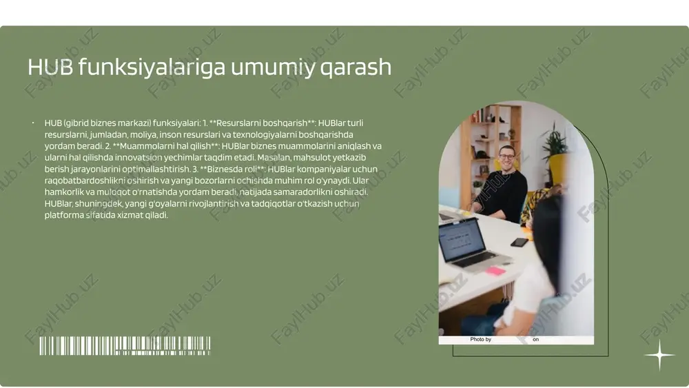 hamkorlikni kengaytirish va ta'lim tizimlarini mustahkamlashni o'z ichiga oladi. hub'lar orqali bozor imkoniyatlari o'zbekistonda hub'lar orqali bozor imkoniyatlarini aniqlash va rivojlantirish jarayoni muhim ahamiyatga ega. masalan, 2022 yilda samarqanddagi "innovatsion hub" 150 ta yangi startapga yordam berdi va 300 dan ortiq ish o'rinlari yaratdi. yana bir misol sifatida, toshkentdagi "biznes hub" 2023 yilda 50 ta loyiha va 1 million dollardan ortiq investitsiyalarni jalb qildi. statistika shuni ko'rsatadiki, hub'lar 20% ga yaqin bozor o'sishiga olib kelmoqda. shuningdek, hub'lar innovatsion g'oyalarni qo'llab-quvvatlaydi va tadbirkorlikni rivojlantirishga xizmat qiladi. photo by john schnobrich on unsplash hub'lar orqali innovatsiyalarni rivojlantirish hub'lar innovatsiyalarni rivojlantirishda muhim rol o'ynaydi, chunki ular turli sohalardagi mutaxassislarni bir joyga to'playdi va yangi g'oyalarni birgalikda ishlab chiqishga imkon beradi. shuningdek, hub'lar innovatsiyalarni amalga oshirish uchun zarur bo'lgan resurslar va tarmoq imkoniyatlarini taqdim etadi. bu jarayon, o'z navbatida, iqtisodiy o'sishni rag'batlantirish va raqobatbardoshlikni oshirishga yordam beradi. photo by jason goodman on unsplash innovatsion …