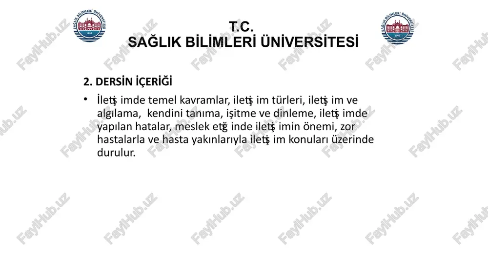 en tepkiyi oluşturmaktır 16 t.c. sağlik bi̇li̇mleri̇ üni̇versi̇tesi̇ 3. i̇letişimin önemi i̇letişim yoluyla: birbirimizi anlamaya sevmeyi öğrenmeye i̇lişkileri başlatmaya ve sonlandırmaya kendimiz hakkında daha fazla bilgi edinmeye başkalarının bizi nasıl algıladıklarını öğrenmeye ulaşiriz… 17 t.c. sağlik bi̇li̇mleri̇ üni̇versi̇tesi̇ 3. i̇letişimin önemi i̇letişim hem iş, hem de özel hayatımızda çok önemli bir yere sahiptir, insanın en önemli aracıdır. 18 t.c. sağlik bi̇li̇mleri̇ üni̇versi̇tesi̇ 4. neden iletişim kurarız? bilgi ikna yönetim paylaşım farklılıkları paylaşım eğlence değişim problem çözme işbirliği vb. 19 t.c. sağlik bi̇li̇mleri̇ üni̇versi̇tesi̇ 4. neden iletişim kurarız? temelde… umursanmak kabul görmek değerli olmak yeterlilik sevilmek vb.. varolmak i̇çi̇n 20 t.c. sağlik bi̇li̇mleri̇ üni̇versi̇tesi̇ 4. neden iletişim kurarız? i̇letişim i̇ş hayatında başarının %85’i doğru iletişime dayanır. i̇ş hayatında kusurların %75’i iletişim eksikliğinden kaynaklanır. i̇ş hayatında kayıpların %80’i kötü iletişim yüzündendir 21 t.c. sağlik bi̇li̇mleri̇ üni̇versi̇tesi̇ 5. mesajlar nasıl gönderilir ve alınır? 55% beden dili (sözsüz i̇letişim) 7% sözcükler 38% ses beden, …