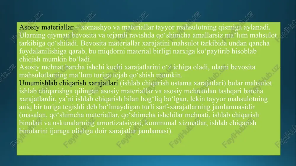 ot ishlab chiqarish hajmi o‘zgarishi bilan o‘zgarmaydigan xarajatlar kiradi. unga boshqaruv xodimlarining ish haqi, boshqaruv binolarini saqlash xarajatlari va shu kabilarni misol qilib keltirish mumkin. egri xarajatlarga esa mahsulot ishlab chiqarish bilan bevosita bog‘liq bo‘lmagan xarajatlar, masalan, boshqaruv xarajatlari, asbob- uskunalarni saqlash va foydalanish xarajatlari va shu kabilar kiradi. texnologik jarayonga qarab ishlab chiqarish xarajatlarini hisobga olish iqtisodiyotni modernizatsiyalash sharoitida ishlab chiqarish samaradorligini oshirishda xarajatlar alohida o‘rin tutadi. xarajatlar mahsulotlarni ishlab chiqarish, tovarlar sotish, ishlar bajarish va xizmatlar ko‘rsatish bilan bog‘liq bo‘lgan sarflarning puldagi ifodasidir. xarajatlarga milliy standartlarda quyidagicha ta’rif beriladi: “xarajatlar aktivlarning qisqarishi yoki sarflanishi natijasida iqtisodiy resurslarning kamayishi, shuningdek, daromadlarni olishga oid xo‘jalik subyektining odatiy faoliyati natijasida majburiyatlarning paydo bo‘lishidir”. xarajatlarni kalkulatsiya moddalari bo‘yicha hisobga olish, u yoki bu xarajat turi qanday maqsadlarga sarflanayotganligini bilish, mahsulotning ayrim turlari tannarxini kalkulatsiya qilish imkonini beradi. texnologik jarayonga qarab qaror qabul qilish uchun xarajatlarni tasniflash: umumiy xarajat – butun korxona yoki …