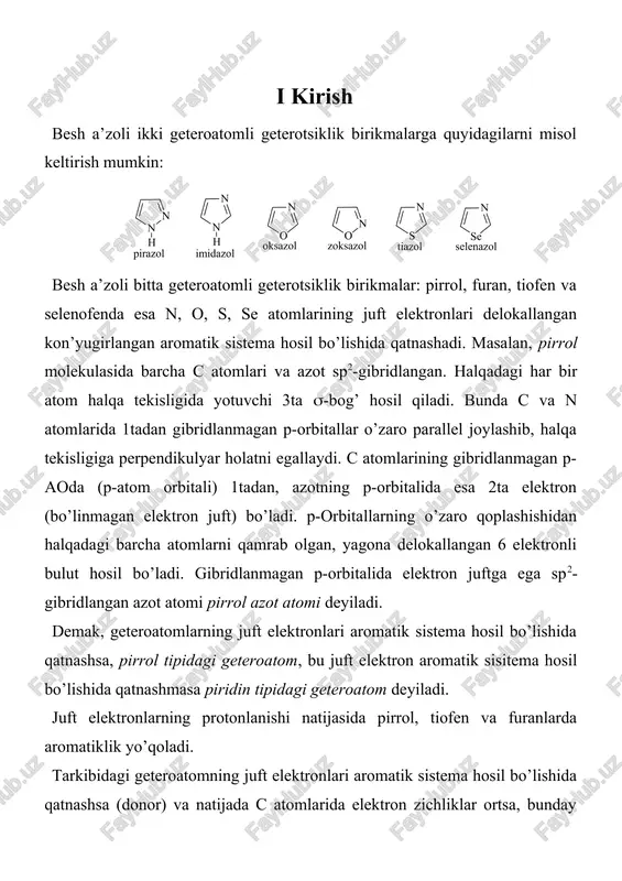 razolning elektrofil reagentlar bilan ta’siri sust bo’ladi. elektrofil almashinish hujum qiluvchi guruh tabiati va reaksiya sharoitiga bog’liq. masalan, alkillash va atsillash reaksiyalarida n-alkil(atsil) mahsulotlar hosil bo’ldi: pirazolning kuchli elektrofil reagentlar bilan reaksiyalari 4-holatda boradi. uni atsidofoblik xossasi yo’qligi sababli to’g’ridan–to’g’ri kontsentrlangan hno3 va h2so4 ta’sirida nitrolash va sulfolash mumkin: asosiy xususiyatlarini - aromatik uglevodorodlar o'xshash kimyoviy xususiyatlariga ko'ra (tez, nitrolanish sülfolash) kislotasi ega. 2.2. olinishi va ishlatilishi. 1. to’yinmagan aldegidni gidrazin ta’sirida pirazol olishimiz mumkin. 2. pirazol olish uchun atsetilenni 1,3-ikki qutbga ega bo'lgan o'tish diazoalkan bilan reaksiyaga kirishtirib olinadi. masalan: 3. karbonil aralashmalari. bu usul ko'pincha pirazol gomologlari olish uchun ishlatiladi. misol uchun, pentadion-2,4 bilan gidrazin bilan reaksiyaga kirishib 3,5-dimetilpirazol hosil bo’ladi: ishlatilishi. pirazolni bo’yoqlar va dori preparatlari olishda ishlatiladi. 2.3. fizikaviy xossalari. pirazol (pyrazole) rangsiz kristall, kuchsiz piridin hidiga ega, suv, etanol va efirda yaxshi eriydi, suyuq.t. 70oc, qayn.t. 187oc. pirazol qutbsiz erituvchilarda molekulalararo vodorod bog’lar hisobiga dimer …