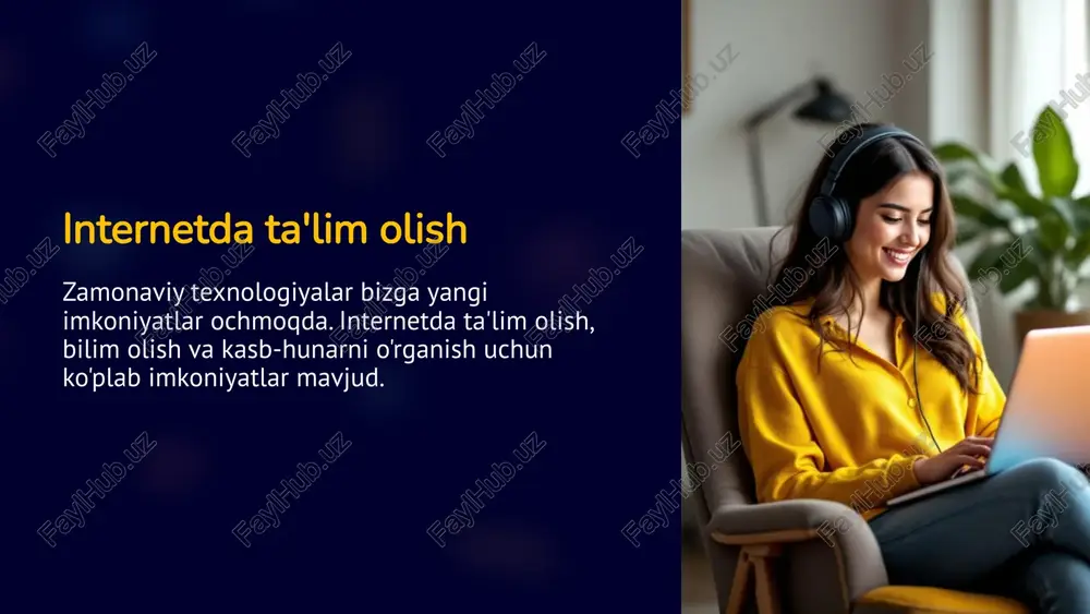 ular elektron darsliklar, videodarslar, testlar, o'quv qo'llanmalari va boshqa resurslarni taqdim etadilar. mutaxassislar bilan bog'lanish ba'zi portallar mutaxassislar bilan onlayn maslahatlashish imkoniyatini taklif qilishi mumkin. 14 masofaviy ta'lim platformalari bu platformalar o'quvchilarga elektron darsliklar, videodarslar va o'quv materiallariga onlayn kirish imkonini beradi. o'qituvchilar bilan muloqot qilish va boshqa o'quvchilar bilan hamkorlik qilish uchun imkoniyatlar mavjud. masofaviy ta'lim platformalari o'qituvchilarga o'quvchilarning yutuqlarini kuzatib borish va dars jadvalini boshqarishga imkon beradi. 15 videodarslar 1 o'quv materiali videodarslar - bu muhim mavzularni tushuntirish uchun foydali vosita. 2 o'rganish usuli video shaklida taqdim etilgan ma'lumotlarni qabul qilish osonroq. 3 interaktivlik videodarslarga o'quvchilarning o'zini-o'zi tekshirish uchun testlar va mashqlar kiritilishi mumkin. 16 elektron darsliklar elektron darsliklar - bu an'anaviy qog'oz darsliklarning raqamli versiyalari bo'lib, ularni kompyuter, planshet yoki smartfon orqali o'qish mumkin. interaktiv tarkib elektron darsliklar interaktiv elementlar, masalan, videolar, audio yozuvlar, testlar va boshqalarni o'z ichiga olishi mumkin. qo'shimcha ma'lumotlar ular qo'shimcha ma'lumotlarga, masalan, …