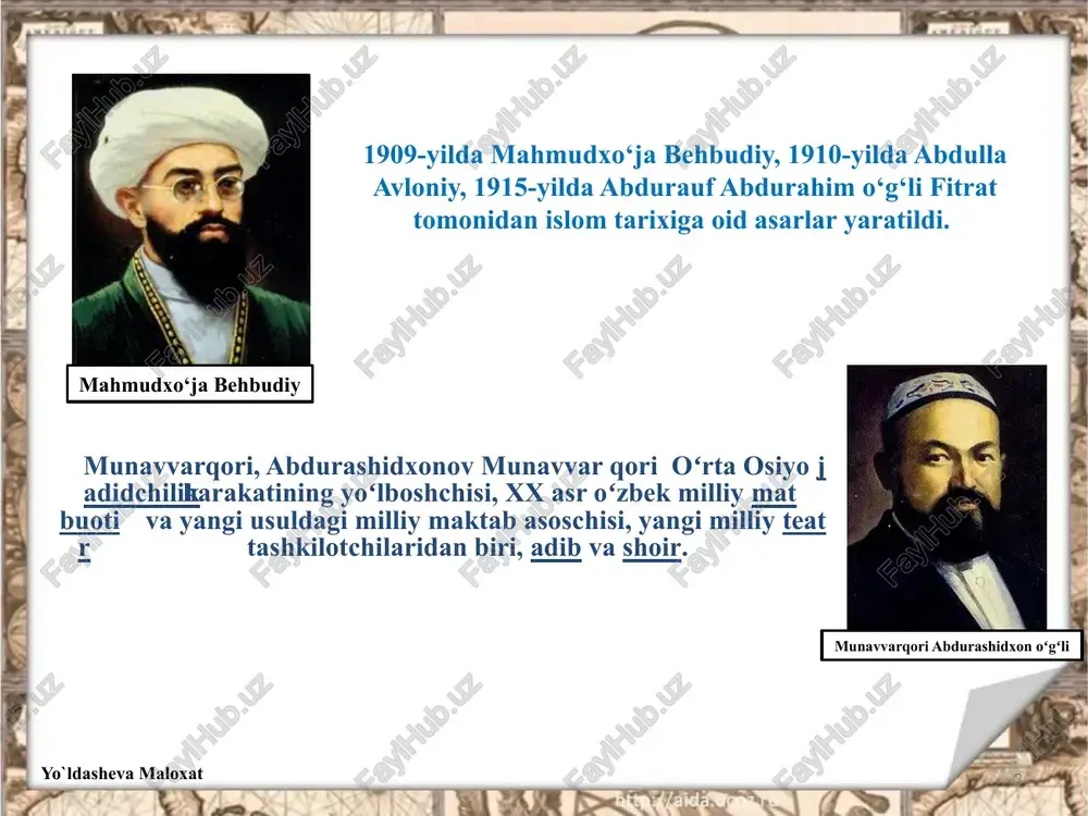 ’lon qildilar. yo`ldasheva maloxat 72 kun yashagan bu muxtor respublika sovet hokimiyati tomonidan tor-mor etildi. 15 natijada jadidlar ta’qibga uchradi va oxir-oqibat, 1937–1938-yillarda qatag‘on qurboni bo‘ldilar. yo`ldasheva maloxat image2.jpeg image3.jpeg image4.jpeg image5.jpeg image6.jpeg image7.jpeg image8.jpg image9.jpeg image10.jpg image11.jpg image12.jpeg image13.jpeg image14.jpeg image15.jpeg image16.jpeg image17.jpg image18.jpg image19.jpeg image1.jpeg 2s s20 /docprops/thumbnail.jpeg jadid marifatparvarlarining olka ijtimoiy-manaviy hayotida tutgan o’rni (munavar ori, fitrat, | bexbudiy, avioniy va boshqalar)