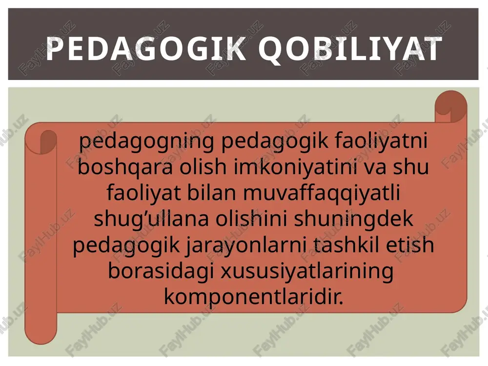 , o’quvchilarni seva olishi; - mutaxassislik fanini mukammal bilishi, unga qiziqishi; - pedagogik taktga ega bo’lishi; - o’z kasbiga ijodiy yondashishi; - javobgarliki his etishi; - tarbiyaviy bilimlarni egallaganligi; image2.jpeg image3.jpeg image4.jpeg image5.jpeg image6.jpeg image7.jpeg image8.jpeg image9.jpeg image10.jpeg image11.jpeg image12.jpeg image13.jpeg /docprops/thumbnail.jpeg reje: = o’gituvchi faoliyatida pedagogik qobilyatiar. = o’qituvchining kommunikativ qobilyati = ogituvchi pedagogik qobilyatini rivojlantirish funksiyalari = o’gituvchi faoliyatida mulogot madaniyati va psixologiyasi. = mulogotni tashkil etishde umuminsoniy qadryatiar ustuvorligi bajaruvchi: arziyeva troda