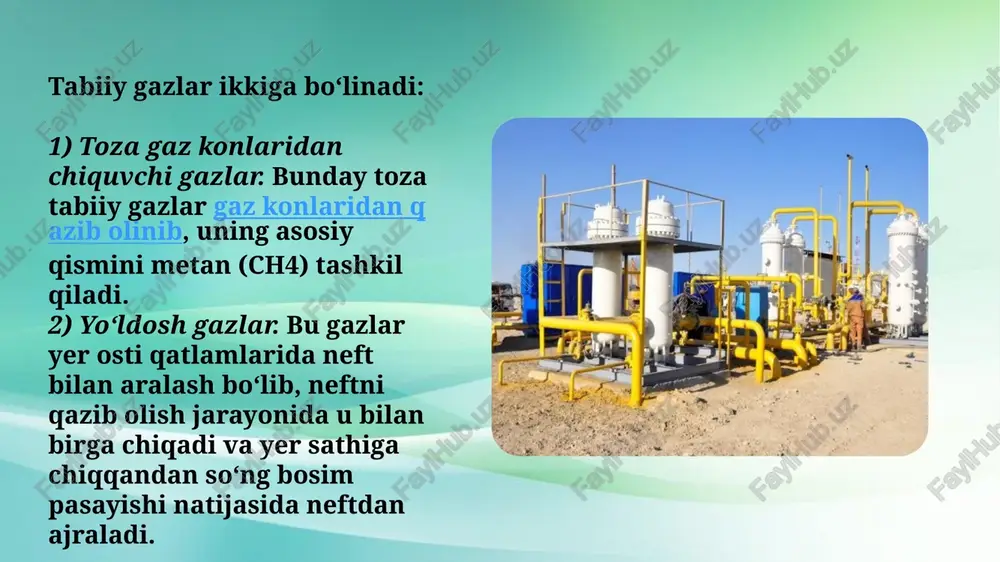 zlar (sug) deb atrof muhit haroratida va atmosfera bosimida gaz holatdagi ko‘rinishga ega bo‘lib, bosimning bir oz oshib borishi (harorat pasaymasdan) bilan suyuq holatga o‘tadigan, uglevodorodlar yoki ularning aralashmasiga aytiladi. suyultirilgan uglevodorodli gazlarning asosiy manbalari –gaz kondensati paydo bo‘lgan joy va «hamrohlikda» neft mahsulotlari bilan birga chiquvchi gazlar hisoblanadi. sug gazlarning asosiy tarkibiga (komponentlariga) to‘yingan uglevodorodli gazlar, ochiq tuzilishga bo‘lgan “alkan“ lar kiradi. ularning umumiy ximiyaviy formulasi quyidagi ko‘rinishga ega buladi: snh2n+2 masalan: bir tonna toshko‘mirni qayta ishlaganda 300-350 kub.metr. kokisli yonuvchi gaz olish mumkindir, 1tonna slanetsdan esa 350-400 kub metr. slanetsli yonuvchi gaz olish mumkindir. suniy gazlar yonganda undan ajralib chiqadigan issiqlik miqdori qyon.past=16000-18000 kj/kub. metrni tashkil etadi va uning zichligi =0,45-0,5 kg/kub. metrga teng bo‘ladi. koks gazi haqida gazlashtirish, ya’ni suniy gaz xosil kilish uchun yoqilg‘iga qayta ishlov berib termoximik ajratishdir. buning natijasida yoqilg‘idan uglerod, kislorod, suv bug‘i ajralib chiqib yonuvchi gazlar paydo bo‘ladi. yoqilg‘ini gazlashtirishning mahsuli bu …