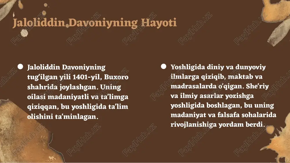 o'rganish muhimdir. ilhomlantirishga chaqiraman. foydalanilgan adabiyotlar 1. nursultanov, s. (2020). jaloliddin davoniyning ijodi va ta'siri. o'zbekiston milliy kitobxonasi, 15(3), 45-52. 2. qodirov, a. (2018). o'zbek adabiyotida jaloliddin davoniyning roli. toshkent davlat universiteti nashriyoti. 3. ismoilov, m. (2019). davoniyning ilmiy va badiiy merosi. o'zbekiston fanlar akademiyasi, ilmiy nashrlar, 7(1), 112-120. 4. tursunov, b. (2021). jaloliddin davoniyning hayoti va ijodiy faoliyati. adabiyot va san'at, 8(2), 23-30. 5. yuldashev, s. (2017). o'zbek adabiyotida davoniyning ta'siri. samarqand davlat universiteti nashriyoti. e'tiboringiz uchun rahmat! image1.png image2.png image3.png image4.png image5.png image10.jpg image7.jpg image11.jpg image6.png image12.jpg image9.png [hedamage to these walls 1s t result of enemy bombing during te blitz of the second world war1939-1945 andisleftasa memorial to the enduria values of this grfat muse amin'a ry 20/7 parts of te wall were removed bnd new gales desi war damage d 10 reflect hl carnival