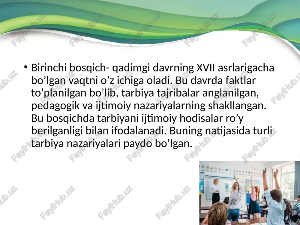 nlar va boshqa toifadagi katta yoshlilarni ham kiritiladi. muhumi ijtimoiy pedagogik faoliyat davlat miqiyosiga chiqdi va talablarini qonuniylashtirdi. xix asrning 60-70 yillarida germaniya, angliya, aqshda ijtimoiy qonunchilik tizimlari yaratildi. ijtimoiy pedagogika rivojlanishining barcha yo`nalishlari uning eng asosiy vazifasini-bolalarning xukuklarini ximoya qilishni birlashtirdi. uchinchi bosqich esa ijtimoiy pedagogikaning xx asr boshida mustaqil fan sifatida rivojlanish davriga aylandi. bu davrni oson davr deb aytib bo’lmaydi. turli davr olimlari hozirgi paytgacha ijtimoiy pedagogikaning, boshqa pedagoglar fikri bilan solishtiruvi bo’yicha tortishuvlar mavjuda bo’lmoqda. ko’pchilik davlatlarda “pedagogika” va “ijtimoiy pedagogika” umuman ishlatilmaydi. misol uchun: aqshda pedagogika fani o’rniga “ta’lim falsafasi”, belgiyada “ortopedagogika” termini, u pedagogika va maxsus pedagogikaga yaqin. aynan shu davrda pedagogiya-bolani har tomonlama o’rganish haqidagi fan rivojlana boshlaydi. bolani har tomonlama rivojlantirish haqida aynan shu davr pedagogikasi hisoblanadi. uning asoschilari e. meyman, s. xoll, torndayk hisoblanishadi. rudolf shteynerning pedagogikasi ham katta rol o’ynaydi. ijtimoiy pedagogika fan sifatida respublikamiz mustaqillikdan so’ng o’qitila boshlagan bo’lib, …