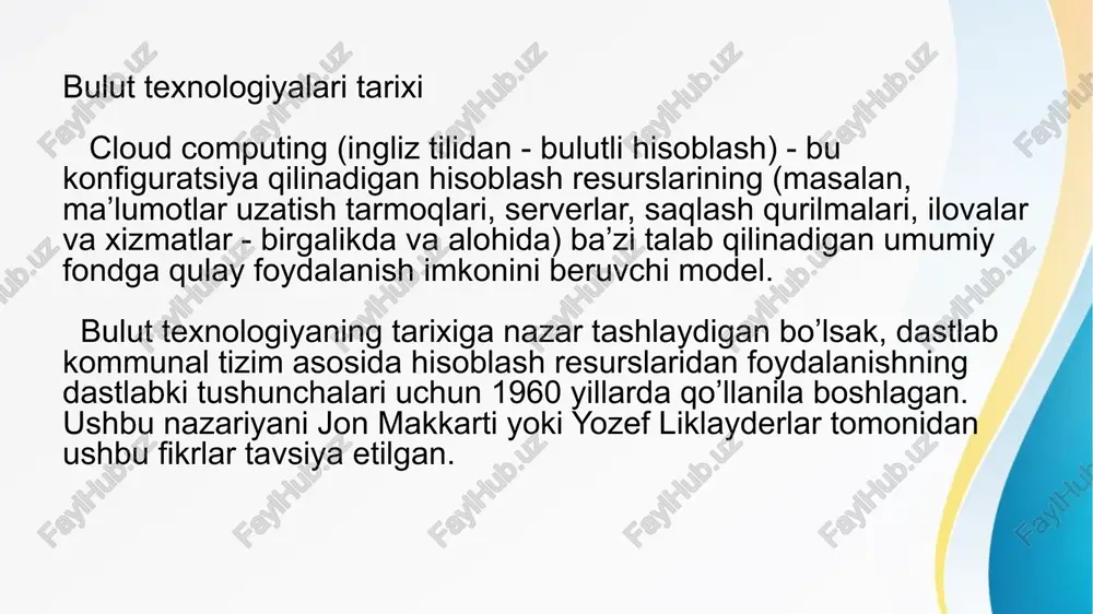kirib borayotgan bulut texnologiya va built hisoblash insoniyat taraqqiyotiga o’zining hissasini qo’shib kelmoqda. shuni ham ta’kidlash lozimki, hozirda axborot makonida ma’lumotlarni saqlash, undan foydalanish, ulashish va qayta ishlash jarayoni eng dolzarb ekanligini hisobga olib, biz bulut texnologiyasi va hisoblash haqida ma’lumotlar keltirib o’tdik. bizning keltirgan ma’lumotlarimiz asosida akt sohasini rivojlantirish va faoliyatini yaxshilash bo’yicha ko’nikmalarga ega bo’lishi mumkin. xulosa qilib aytganda, hozirgi kunda bulut texnologiya va hisoblash asosidagi dasturlarining ahamiyati jauda ahamiyatli bo’lib bormoqda. ayniqsa, ommalashib borayotgan mobil texnologiya sohasida. etiboringiz uchun rahmat image3.jpeg image4.jpeg image5.jpeg image2.jpeg 2 & microsoft eo ; i 4 — 44 €@ onedrive /docprops/thumbnail.jpeg andijon davlat universiteti it-injiniringi fakulteti ki: at-servis yo’nalishi 3-bosqich 303-guruh talabasi nizomiddinov mirkomiljonning kompyuter tarmoglarini rejalashtirish va qurish fanidan tayyorlagan mustagil ishi /