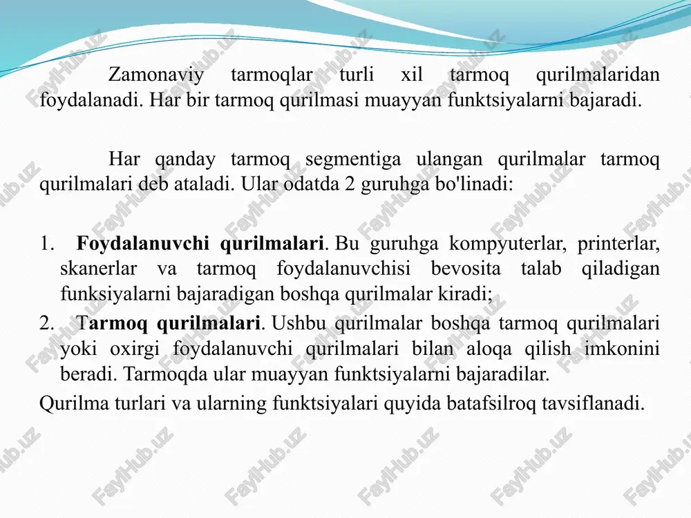 rasm. switch (kommutator) qurilmasi 4. switch (kommutator) qurilmasi yordamida kichik tarmoqlarda ishlash mumkin. hub dan farqi, o‘tkazish qobiliyati yuqoriligidir. bunda bir nechta juft qurilmalar ma‘lumot almashish imkoniyatiga ega. 5-rasm. gateway (shlyuz) qurilmasi 5. gateway (shlyuz) qurilmasi har xil turdagi tarmoqlarni bir biriga ulash uchun ishlatiladi. birlashtirish jarayonida kelayotgan ma‘lumotlar borishi kerak bo‘lgan portga yoki adresga uzatiladi va shu qurilmadan o‘tish jarayonida protokollari o‘zgartiriladi. 6-rasm. modem qurilmasi 6. modem. modemning bajaradigan asosiy ishi, raqamli signallar ko‘rinishidagi ma‘lumotlarni kerakli tezlik va aniqlik bilan uzatishdan iboratdir. modemlar axborot manbasidan, aloqa kanalining parametrlariga ega bo‘lgan va berilgan tuzilishga ega bo‘lgan signallarni muvofiqlashtirish uchun xizmat qiladi. e’tiboringiz uchun raxmat. image2.jpeg image3.jpeg image4.jpeg image5.jpeg image6.jpeg image7.png image8.jpeg image9.jpeg router g ) switch /docprops/thumbnail.jpeg \ndijon daviat unive trini © s-bosqich 303-guruh ompyuter tarmoglari,rejalashtiesh va q fanidan mustagiish uchun bajargan loyiha ishi