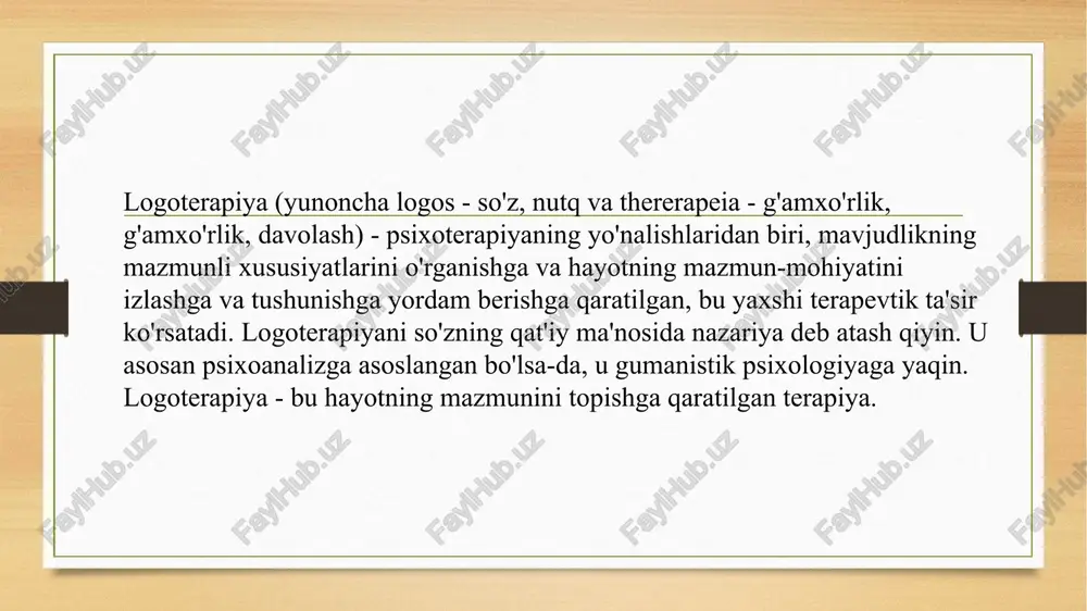 bat qiymati. o'zgarishi mumkin bo'lmagan o'ta muhim hayotiy sharoitlarga nisbatan ongli ravishda qabul qilinadi. hayotning ma'nosini ushbu qadriyatlar va ular tomonidan yaratilgan harakatlarning har qandayida topish mumkinligi sababli, v. franklning mantig'iga ko'ra, inson hayoti o'z mazmunini yo'qotadigan holatlar va holatlar mavjud emasligi kelib chiqadi. muayyan vaziyatda ma'no topish v. frankl ma'lum vaziyatga nisbatan harakat imkoniyatlarini anglashni chaqiradi. logoterapiya aynan shu xabardorlikda odamga vaziyatdagi potentsial ma'nolarning butun spektrini ko'rishga va vijdoniga mos keluvchi narsani tanlashga yordam berishga qaratilgan. muhim: ma'no nafaqat topilishi, balki amalga oshirilishi kerak, chunki uni amalga oshirish inson tomonidan o'zi amalga oshirishi bilan bog'liq. ma'noni anglashdagi inson faoliyati mutlaqo bepul bo'lishi kerak.v. frankl insoniyatning noetik darajasi kontseptsiyasini kiritdi, uni biologik qonunlar ta'siridan chiqarishga harakat qildi. irsiyat va tashqi holatlar imkoniyatlarning ma'lum chegaralarini belgilab qo'yganligini anglagan holda, u inson mavjudligining uch darajasining mavjudligini ta'kidlaydi: biologik, psixologik va noetik yoki ma'naviy daraja. ma'naviy mavjudotda pastki darajalarga nisbatan hal qiluvchi rol …