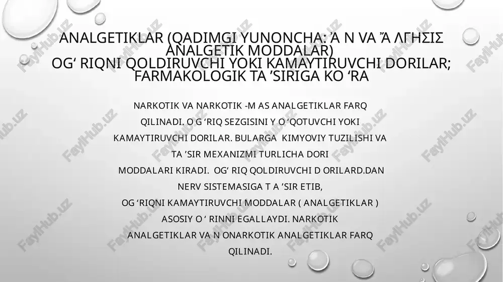 sa ham, uni qabul qilinaveradi, dorining esa • organizmga narkotik ta’siri yanada orta boradi va natijada narkotik moddaga moyillik • kuchayib, u xumor qiladigan bo’lib qoladi. narkotik modda dozasini o’zboshimchalik bilan o’zgartirib borish, uni tez- tez va uzoq mu ddat qabul qilish narkomaniyaga olib keladi. ikkinchi hol ongli ravishda ayf qilish maqsadida narkotik moddalarga o’rganishdir. narkomaniyaga odatda o’zini tiya bilmagan, ruhan zaif, irodasi kuchsiz, birovlarga taqlid qiladigan, h umorni tarqatishdan boshqa narsani bilmaydigan, o’ta h udbin kishilargina beriladi. bunday kishilar o’z mayillariga qarshi yurolmaydilar.shuning uchun ularning kayf qilishga moyilliklari kuchli bo’ladi.bangilik avj olib ketadi. bu kasallikka uchraganlarda h astalik juda og’ir kechib, odatda kutilmagan yomon oqibatlarga olib keladi. bangilik ka m ubtalo bo’lganlar narkotik moddalarni qayta – qayta va k o’pmiqdorda iste’mol q ilgisi kelaveradi. bora- b ora organizmda narkotik moddalarga moyillik shu darajada kuchayib ketadiki, nark otik moddalar kuchini y uqotgandek bo’lib qoladi, endi u avvalgidek humor tarqatish uchun …