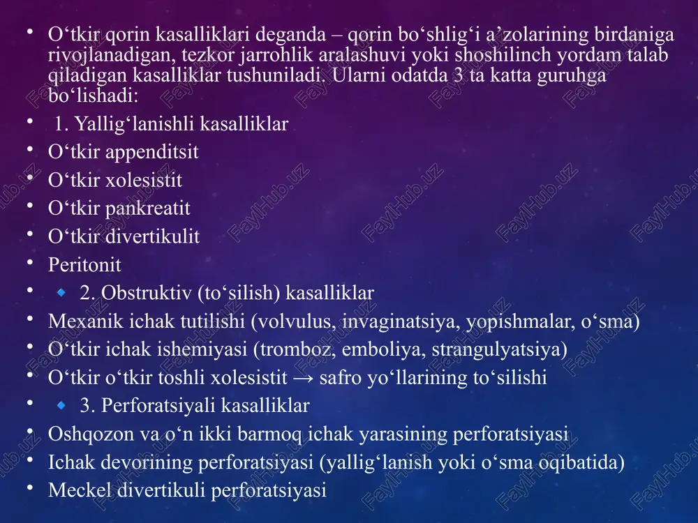 ologik (buyrak sanchig‘i, pielonefrit) bel yoki yonboshdan boshlanadi, pastga – qovug‘ga tarqaladi. siydik buzilishi: tez-tez, og‘riqli, qon aralash bo‘lishi mumkin. qorin muskullari tarang emas. 3. farqlash uchun kalit haqiqiy jarrohlik qorinida → qorin tarang, periton belgilari ijobiy, og‘riq “birdan” kuchli boshlanadi. simulyatsiya qiluvchi kasalliklarda → og‘riq ko‘proq boshqa tizim alomatlari bilan birga (yo‘tal, nafas qisishi, yurak og‘rig‘i, siydik buzilishi, ginekologik belgilar). qorin “yumshoq” bo‘ladi, periton belgilari yo‘q. laborator tekshiruvlar tekshiruv nima ko‘rsatadi / qaysi holatda foydali to‘liq qon tahlili (cbc) leukotsitoz → yallig‘lanish (appenditsit, pankreatit, xolesistit) amilaza / lipaza pankreatitni aniqlash liver function test (ast, alt, bilirubin) xolesistit, obstruktiv jarayonlar troponin / ekg epigastrial og‘riqda miokard infarkti (mi)ni istisno qilish urinalysis (siydik tahlili) pielonefrit, buyrak sanchig‘i (gematuriya) beta-hcg (ayollarda) ektopik homiladorlikni istisno qilish serum laktat mezenterial ishemiya shubhasida ↑ bo‘ladi instrumental tekshiruvlar usul maqsadi / qachon qo‘llanadi abdominal ultratovush (uzi) appenditsit, xolesistit, tuxumdon kistasi, ektopik homiladorlik; tezkor va xavfsiz abdominal …