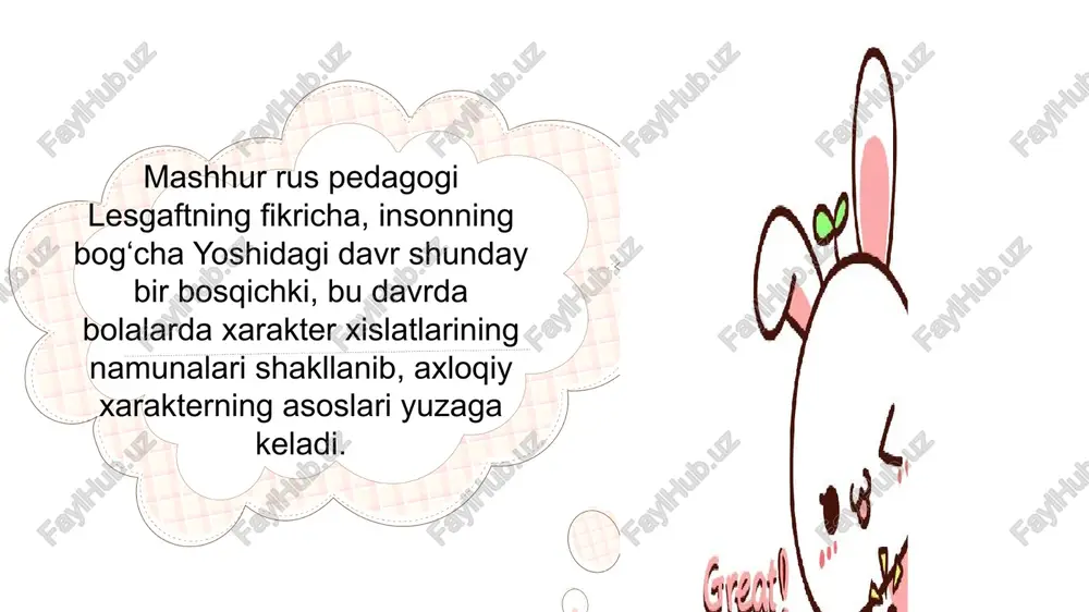 llanishi maktabgacha davrda axloqiy tushunchalar borgan sari qat’iylasha boradi. axloqiy tushunchalar manbai sifatida, ularning ta’lim-tarbiyasi bilan shug‘ullanayotgan kattalar, shuningdek, tengdoshlari ham bo‘lishi mumkin. axloqiy tajribalar asosan muloqot, kuzatish, taqlid qilish jarayonida, shuningdek, kattalarning ayniqsa, onalarning maqtovi va tanqidlari ta’sirida o‘tadi va mustahkamlanadi. bola doimo baho, ayniqsa maqtov olishga harakat qiladi. bu baho va maqtovlar bolaning muvaffaqiyatga erishishga bo‘lgan harakatlarining rivojlanishida, shuningdek, uning shaxsiy hayoti hamda uning kasb tanlashida ahamiyati juda kattadir. maktabgacha yosh davrda ijodkorlik jarayoni boshlanadi. ijodkorlik layoqati, asosan, bolalarning qonstruktorlik o‘yinlarida, texnik va badiiy ijodlarida namoyon bo‘ladi. bu davrda maxsus layoqatlar kurtaklarining birlamchi rivojlanishi ko‘zga tashlana boshlaydi. maktabgacha davrda tasavvur, tafakkur va nutq umumlashadi. bu esa bu yoshdagi bolalarda tafakkur qilish omili sifatida ichki nutq yuzaga kelayotganligidan dalolat beradi. bilish jarayonlarining sintezi bolaning o‘z ona tilini to‘liq egallashi asosida yotadi. bu davrda nutqning shakllanish jarayoni yakunlana boshlaydi. nutq asosidagi tarbiya jarayonida bolada sodda axloq me’yorlari va qoidalar egallaniladi. …
