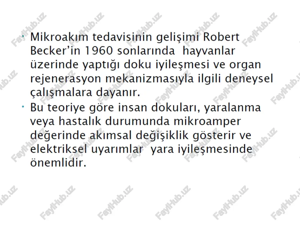 lanimi ile arttig!; ve bunun da atp uretimi, membran aktif iletimi, hucre ici besin akisi ve hucre disina artik maddelerin atilmasindaki artisa bagli olarak gerceklestigi hayvan calismalarinda gosterilmistir. fizyolojik etkiler- kas » myofasiyal trigger noktalari olan dokulardaki atp sentezindeki azalma ve iskemik degisiklikleri, mikro akimin tersine cevirdigi distintlmektedir. > kas travmalarinda da koruyucu olarak kas spazm! gelisir. kan akimi, o2 alimi, atp ve na pompasi fonksiyonlarinda bozulma olur. mikroakim ile bu olaylar engellenebilir. fizyolojik etkiler » elektrik stimulasyonla doku kanlanmasinin artis! lokal vazodilaltator saliniminin artis! ve sempatik vazokonstriktor refleks aktivitenin azalmasiyla da baglantilidir. > hicre ici kalsiyum (ca )konsantrasyonu birgok enzim aktivitesi igin onemlidir. elektrik stimulasyonla hicre ca kanallari aktivitesi artar ve hicre igi ca konsantrasyonu artar. etkileri » yara iyilesmesinde artis > hicre yenilenmesinde duzelme > kollajen, elastin yapiminda rtis > yaralanma bolgesinde agrida azalma > noromuskuler yanitlarda duzelme > inflamasyon cevabinda azalma > hasarll kas spazminda azalma, dolasim …