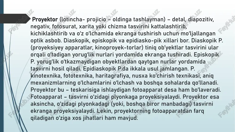 (masalan, 1080p yoki 4k) aniqroq va batafsil tasvir beradi. * kontrast nisbati (contrast ratio): qorong'u va yorqin joylar orasidagi farqni belgilaydi. yuqori kontrast nisbati chuqurroq qora rang va yanada aniq tasvirni ta'minlaydi. * proyeksiya masofasi (throw ratio): proyektor va ekran orasidagi masofani belgilaydi. * lampaning umr ko'rish muddati (lamp life): proyektor lampasining ishlash muddatini belgilaydi. * ulanish interfeyslari: hdmi, vga, usb va boshqa interfeyslar. * o'lchamlari va vazni: ko'chma yoki statsionar foydalanish uchun mosligi. multimediali proyektorlar – bu turli xil multimediya kontentini, jumladan videolarni, rasmlarni, taqdimotlarni va boshqa ma'lumotlarni katta ekran yuzasiga proyeksiya qilish uchun mo'ljallangan proyektorlardir. ular oddiy proyektorlardan farqli o'laroq, ko'proq xususiyatlarga va ulanish imkoniyatlariga ega. multimediali proyektorlarning asosiy xususiyatlari: * ko'p turdagi signalni qo'llab-quvvatlash: multimediali proyektorlar odatda bir nechta kirish interfeyslariga ega, jumladan hdmi, vga, usb, wi-fi va boshqalar. bu ularga turli xil qurilmalarga, masalan, noutbuklarga, kompyuterlarga, smartfonlarga, blu-ray pleerlarga va boshqalarga ulanish imkonini beradi. * yuqori …