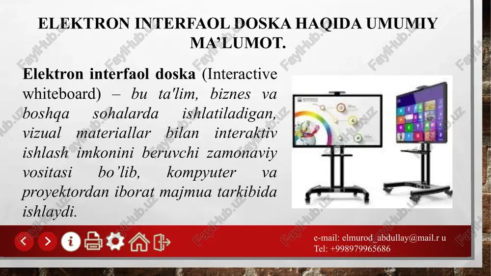 ordamida ishlaydi elektron interaktiv doskalar qanday ishlaydi? interaktiv doskalar odatda katta sensorli ekrandan iborat bo‘lib, u kompyuter yoki boshqa qurilmalarga ulanadi. ba'zida esa proyektor yordamida tasvir doskaga proyeksiyalanadi. doskaga teginish yoki maxsus ruchkalar yordamida yozish orqali materiallar bilan ishlash, ob'ektlarni ko'chirish, rang berish, yozuvlarni o'chirish va o'zgartirish mumkin. dasturiy ta'minoti orqali esa doskada grafiklar, matn, video va boshqa ma'lumotlarni ko‘rsatish va boshqarish osonlashadi. e-mail: elmurod_abdullay@mail.r u tel: +998979965686 e-mail: elmurod_abdullay@mail.r u tel: +998979965686 interaktiv doskalar bir nechta texnologiyalarga asoslangan holda ishlab chiqiladi: sensorli interfaol doskalarda rezistiv matrisa – yani interfaol doskaning plastik yuzasiga mantaj qilingan juda ham ingichka simlardan to’qilgan va qatlamlari orasida havo bo’shlig’i mavjud bo’lgan ikki qatlamli sim to’r ishlatiladi maskur interfaol elektron doskalarda marker (stilus) xolatini aniqlash uchun infraqizil yoki ulrtatovushli dachiklardan foydalaniladi elektromagnit interfaol doskalarda elektromagnit to’lqinlarining izalyatsion materiallari orasida o’tish xususiyatiga asoslangan texnologiyalardan foydalanilgan. bunday interfaol doska yuzasiga maxsus tarzda mikro nuqtalardan tarkib topgan, ko’zga …
