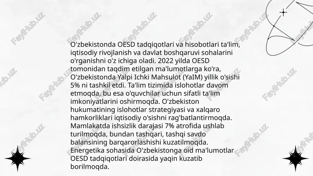 tirilishi natijasida soliq tushumi 1,3 trillion soʻmga oshganligi qayd etilgan. soliqlarni boshqarishda raqamlashtirish muhim ahamiyat kasb etib, 2023-yilda elektron deklaratsiyalar 90% ga yetdi. soliq siyosati iqtisodiy oʻsishni ragʻbatlantirish va barqarorlikni ta’minlashga xizmat qiladi. 2023-yil uchun soliqxona ishtirokchilari soni 930 mingdan oshdi. ... t.me/slaydai_bot mehnat bozori o'sishi aholining ish bilan bandligini ta'minlashda muhim rol o'ynaydi. o'zbekistonda 2023 yilda iqtisodiy faollik ko'rsatkichi 65 foizga yetdi. ishsizlar soni esa 7 foiz atrofida bo'lib, ishsizlik darajasi kamaytirilmoqda. har yili 500 mingga yaqin yangi ish o'rinlari yaratilmoqda, bu esa yoshlar uchun keng imkoniyatlar yaratadi. ishsizlik darajasini yanada tushirish uchun kichik va o'rta biznesni qo'llab-quvvatlash dasturlari amalga oshirilmoqda. texnologiyalar rivojlanishi bilan it va xizmat ko'rsatish sektorlarida ish o'rinlari soni oshmoqda. ... t.me/slaydai_bot 2023-yilda global iqtisodiy o'sish sekinlashishi kutilmoqda. xalqaro valyuta jamg'armasi (xvj) prognozlariga ko'ra, jahon iqtisodiyoti 2,9% o'sadi. 2022-yilda xitoyning iqtisodiy o'sish sur'ati 3,2% darajasida bo'ldi, ammo 2023-yilda 5% atrofida o'sishi kutilmoqda. aqsh iqtisodiyoti esa taxminan …