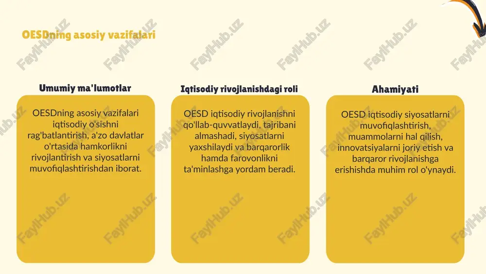 muammolarni hal qilishda yetakchilik qilishni maqsad qilgan. oesdning kelajakdagi istiqbollari oesdning iqtisodiy hamkorlikdagi roli oecd global iqtisodiy integratsiya va barqaror rivojlanishda muhim rol o'ynaydi. u savdo, sarmoya, texnologiya almashinuvi va siyosat muvofiqlashtirish orqali iqtisodiy aloqalarni rivojlantiradi. shu bilan birga, muammolarni hal qilishda ham faol ishtirok etadi. a'zolari iqtisodiy bog'liqlikni kengaytirishga, o'sishni qo'llab-quvvatlashga, yangi bozorlar ochishga, sarmoyalarni jalb qilishga va iqtisodiy siyosat hamkorligini mustahkamlashga e'tibor qaratadi. bu esa, global iqtisodiyotda barqarorlik va rivojlanishga xizmat qiladi. 1 2 oesd va rivojlanish strategiyalari oesdning rivojlanish strategiyalari iqtisodiy o'sish, barqarorlik va rivojlanishni ta'minlashga qaratilgan. bu strategiyalar davlatlararo hamkorlikni kuchaytirish, iqtisodiy siyosatlarni muvofiqlashtirish va qashshoqlikni kamaytirishga yordam beradi. ularning asosiy yo'nalishlari: innovatsiyalarni qo'llab-quvvatlash, savdo va investitsiyalarni rivojlantirish, moliyaviy barqarorlikni ta'minlash va inson kapitalini rivojlantirishdir. bu strategiyalar orqali oesd iqtisodiy hamkorlikni mustahkamlashga intiladi. shuningdek, oesdning rivojlanish strategiyalari mustahkam iqtisodiy oqimlar va uzoq muddatli barqarorlikni qo'llab-quvvatlashga xizmat qiladi. bu, o'z navbatida, global iqtisodiyotni rivojlantirish va ijtimoiy farovonlikni …