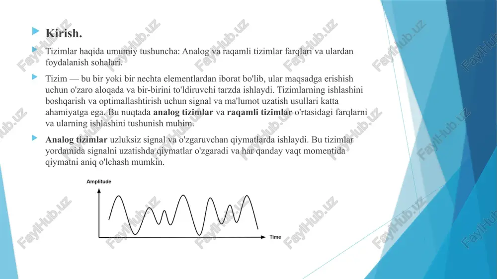 to'g'ri ushlab turish. raqamli tizimlarda sinxronlash takroriy soatlar va vaqtli signal generatorlari tushuncha: raqamli tizimlarda sinxronlash uchun asosiy usul bu takroriy soatlar (clock signals) va vaqtli signal generatorlaridir. raqamli tizimlar, ayniqsa, kompyuterlar va tarmoq qurilmalari, faqat o'z vaqtida sinxronlashtirilgan vaqtda to'g'ri ishlaydi. ishlash prinsipi: raqamli tizimlar ikkita asosiy usuldan foydalanadi: sinxron va asinxron tizimlar. sinxron tizimlar ma'lumotlarni uzatishda va olishda bir xil soat signalidan foydalanadi. bu signal barcha tizimlar va qurilmalar uchun umumiy vaqt belgilovchisi sifatida xizmat qiladi. asinxron tizimlar har bir qurilma yoki tizim o'zining soat signaliga asoslanadi. bu usulda, ma'lumotlar bir xil vaqtga moslashtirilgan bo'lmasligi mumkin, ammo har bir qurilma o'z vaqtida ishlaydi. asosiy xususiyatlari: sinxron tizimlarda barcha elementlar bir soat signaliga bog'lanadi. takroriy soatlar yordamida barcha tizim va qurilmalar bir vaqtda ishlashga imkon beradi. misollar: kompyuter tizimlari: cpu va xotira o'rtasida sinxronlash uchun soat signallari ishlatiladi. raqamli signal uzatish: tarmoq qurilmalarida sinxronlashtirish, masalan, ethernet yoki wi-fi tarmoqlarida. …
