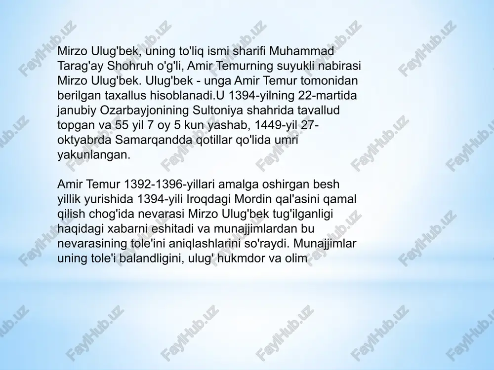 aylanaga ichki chizilgan ko'pburchakning burchaklari soni 3 228 gacha yetkaziladi va undan: 2n = 6,283 185 307 179 586 5 keltirib chiqarilgan. jadval tuzishdan oldin ulug'bek observatoriyasida to'plangan kuzatish natijalari statistik usulda umumlashtirilib, korrelyatsiya qilingan va yakuniy xulosalar chiqarilgan. shuningdek, mazkur observatoriyaning qulay imkoniyatlaridan samarali foydalangan .ulug'bek akademiyasi olimlari yulduz yilining ham eng aniq qiymatini hisoblab topishadi: bu qiymat 365 sutka, 6 soat, 10 minut, 8 sekundga tengdir. bu qadar aniq xulosalarni olishda ishlatilgan matematik, trigonometrik va astronomik usullar hanuzgacha jumboqligicha qolmoqda. ulug'bekning aqliy qobiliyati, xususan, mantiqiy fikrlash tarzi ham nihoyatda kuchli bo'lgan. mashhur shoir va adib zayniddin mahmud vosifiy(1485-1566)ning[5] yozishicha, ulug'bek haftaning bir kunida fuqarolarni shaxsiy iltimoslari bo'yicha qabul qilar ekan va bunday qabul kunlari fuqarolarning o'ta chigal muammolarini ham juda ustalik bilan yechib bera olganligini zamondoshlari hayrat bilan esga olishadi[6]. ulug'bekning tafakkuri nafaqat tabiiy fanlar, xususan, matematika ilmini, balki ijtimoiy-siyosiy hodisalarni ham to'g'ri tahlil etishga qodir analitik tafakkur …