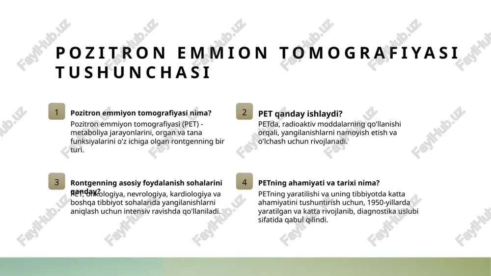 skannering, kasallikning tarixiy rivojlanishini tushunish, davolashni boshqarish va mustaqil kasallik yoki metastazlarni aniqlashda yordam beradi. nervli tizimlar patologiyasini aniqlashda petning roli nervli tizimlar patologiyasini aniqlashda petning katta roli bor. pet, metabolik jarayonlarni, organ va tana funktsiyalarini ko'rsatish uchun radioaktiv moddalar ishlatadi. bu usul onkologiyada, nevrologiyada va kardiologiyada amalga oshiriladi. photo by alexander grey on unsplash kardiologiyada pet tomografiyaning ahamiyati kardiologiya dam o‘simliklarni tekshirish aniqlash va davolash kardiologiya sohasida pet tomografiyaning ahamiyati organ va dam o‘simliklarini detallangan holda tekshirishga imkon beradi. pet tomografiya kardiologiya sohasida dam o‘simliklarni yaxshilab tekshirishda yordam beradi va qon tomirlari yopilishini aniqlashga imkon beradi. pet tomografiya kardiologiya sohasida aniq tashhis va davolash usullarini rivojlantirishda qo‘llaniladi, yordam beradi va natijalarni o‘ngroq tushuntiradi. petning nukleomeditsinada aksariyati 1 nukleomeditsiyada petning roli pet, nukleomeditsiyaning asosiy rivojlanish yo'nalishlaridan biri sifatida tan olinadi. nukleomeditsiyada pet, metabolizm va funksiyalarning o'zgarishlarini o'rganishda muhim ahamiyatga ega. 2 nukleomeditsiya tajribalarida petning foydalari pet, nukleomeditsiya sohasida foydali asbob …