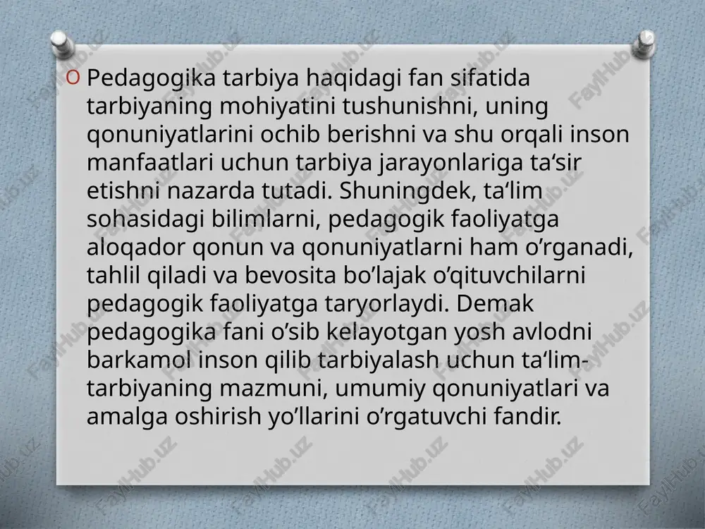 buyuk burilishlar bo’lgani barchaga ayondir. davlatning buyuk kelajagi, albatta yoshlarni chuqur bilimli va pokiza axloq-odob, qalb ekanini yoddan chiqarmaslik lozim. bu katta muammoda mahoratli, bilimli pedagoglarning va pedagogik mahorat fanining roli o’lkan. shu bilan birga o’qituvchi yosh avlodni hayotga, ongli mehnat va kasb tanlashga tayyorlashi, ularning axloqiy, huquqiy, etik, estetik bilim va mahoratlarining rivojlanishiga e‘tibor qaratishi lozim. kadrlar tayyorlash milliy dasturi o’qituvchi shaxsiga ham katta talablar quymoqda image3.jpeg image4.png image5.jpeg image6.jpeg image7.jpeg image8.jpeg image9.jpeg image10.jpeg image11.jpeg image12.jpeg image13.jpeg image14.jpeg image15.jpeg sharl* jan:mari keturno | (1831 - 1902) ar sen jismni chinighiish vositasini bilsang, irodani mustahkamlashni, » qalbni sahovatili qilishni, aqlni 0 stirishni, aqloqni me’ yorga keltirishni uddasidan chiqa olsang, demak seni tarbiyachi deyish mumkin. pedagogika fanining asosiy | kategoriyalari: > tarbiya; > ta’lim; ma’ lumot; shakllanish; rivojlanish. mas uliyatlilik mehnatsevarlik ishga layogatlilik faoliyat sifatini oshirib borish o'zkasbiy darajasini i muntazam oshirib / magsad qo’ya olish borish unga erishish yo'arini topa …