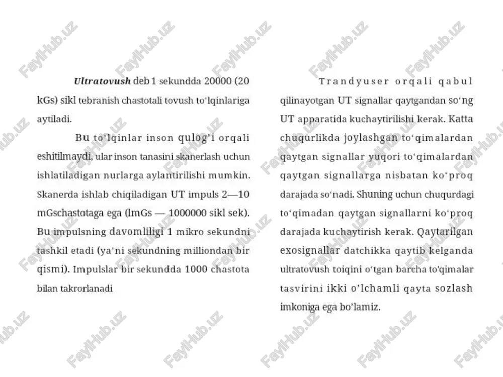 hap tomoni ekranning o‘ng tomonida bo'ladi, datchikda holat indikatori bollishiga qaramasdan tekshiruv boshlanishidan oldin datchikning muayyan tomoni olinayotgan tasvirning tomoniga mos kelishini ko bilan tekshirish kerak. buning uchun datchikning bir tomoniga barmog uchini qo'yih, tasvir ekranning qaysi tomonida hosil bo'lganligiga ahamiyat berish kerak. noto’g'ri mo'jal olishda datchik birinchi holatga aylantiriladi va yana tekshiruv o'tkaziladi. bo'ylama kesimlarda esa bemorning (tekshiriluvchining) bosh tomoni ekranning chap tomonida, oyog'i esa o'ng tomonidan aniglanadi. ultratovush nurlarini taqsimlash. tana to'gimalari ut to ‘ginlarini ikki usulda qaytaradi, ba’zi to'qimalar to’iqinni xuddi oyna singari aynan onqaga qaytaradi. ba’zi to'qimalar esa ut to‘iginiarini tuman tomchilari singari tarqatib yuboradi (paccenbaiommit betoboh hotor). masalan, diafragma oyna, texnika ta’biri bilan aytganda "oynali aks" hisoblanadi, monitor ekranida diafragma holati va shakliga aynan mos keluvchi aniq va yaqqol tasvir paydo bo'ladi. jigar esa ut to'lginlarini tarqatip yuboradi, shuning uchun ekrandagi aks etgan signallar holati jigarda aks etgan tuzilmalarga mos kelmaydi. bu signallarning turii yo’nalishlarda …
