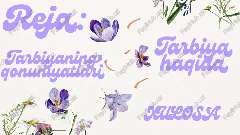shda kuzatib borishi va zarur hollarda usullarni o'zgartirib borishi lozim. tarbiya jarayoni shaxsning o'zgarishlari va rivojlanishiga mos ravishda moslashtirilishi kerak. xulosa tarbiya jarayoni murakkab, ko‘p bosgqichl va uzluksiz jarayon bo'lib, u umumiy qonuniyatlarga asoslanadi. ushbu gonuniyatlarni bilish va ularga rioya qilish pedagoglar va ota-onalar uchun muhim bo'lib, shaxsning to'lagonli rivojlanishini ta’minlaydi. /docprops/thumbnail.jpeg