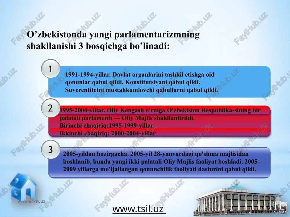 respublikasi prezidenti mamlakat ichki va tashqi siyosatining muhim masalalari yuzasidan nutq so'zlaganda chet davlatlarning rahbarlari nutq so'zlaganda www.arxiv.uz o’zbekiston respublikasi oliy majlisi senatining tuzilmasi byudjet va iqtisodiy islohotlar qo'mitasi qo’mitalar tashqi siyosat masalalari kumitasi fan, ta'lim, madaniyat va sport masalalari qo'mitasi agrar, suv xo'jaligi masalalari va ekologiya qo'mitasi mudofaa va xavfsizlik masalalari qo'mitasi qonunchilik va sud-huquq masalalari qo'mitasi www.arxiv.uz senat raisi (13-15-moddalar) senatning birinchi majlisi da prezident taqdimiga asosan saylanadi senat vakolati muddatiga saylanadi o'z vazifasini bajarish dav- rida siyosiy partiyadagi a'zo- ligini to'xtatib turadi senat qo'mitalari tarkibiga saylanishi mumkin emas senat va uning kengashi majlislarini chaqiradi masalalarni tayyorlashga umumiy rahbarlik qiladi ma'qullangan qonunlarni prezidentga yuboradi senat qo'mita va komissiyalari faoliyatlarini muvofiqlashtiradi o”zr qonunlari ijrosi ustidan nazoratni tashkil etadi senatning matbuot organlari faoliyatiga rahbarlik qiladi qp va boshqa davlat organlari bilan munosabatda senat nomidan ish ko'radi senat va uning kengashi qarorlarini imzolaydi senat devoni faoliyatiga rahbarlik qiladi senat raisi o'zining …