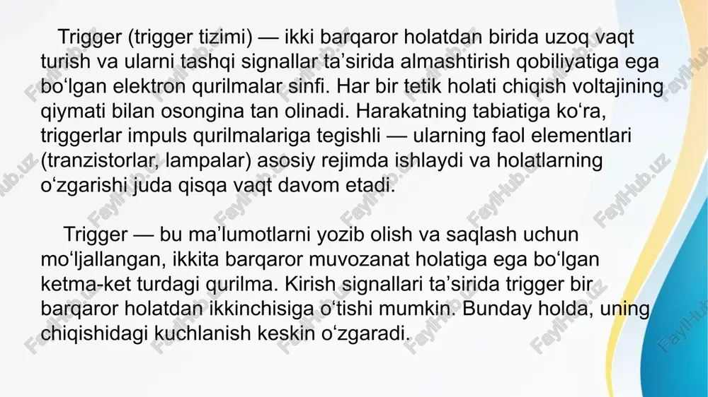 nadiganlar, turli xil dasturlashtiriladigan mantiqiy integral mikrosxemalar (fpga) uchun integratsiyalashgan ishlab chiqish muhitida yaratilgan. ular asosan kompyuter texnologiyalarida kompyuter tizimlarining tarkibiy qismlarini tashkil qilish uchun ishlatiladi: registrlar, hisoblagichlar, protsessorlar, ram. etiboringiz uchun rahmat image3.png image2.jpeg haxmute 3en1ighyio khomky r2 /docprops/thumbnail.jpeg andijon davlat universiteti it-injiniringi fakulteti ki: at-servis yo’nalishi 3-bosqich 303-guruh talabasi nizomiddinov mirkomiljonning raqamli tuzilmalarni loyihalashga kirish fanidan tayyorlagan mustagil ishi l / {