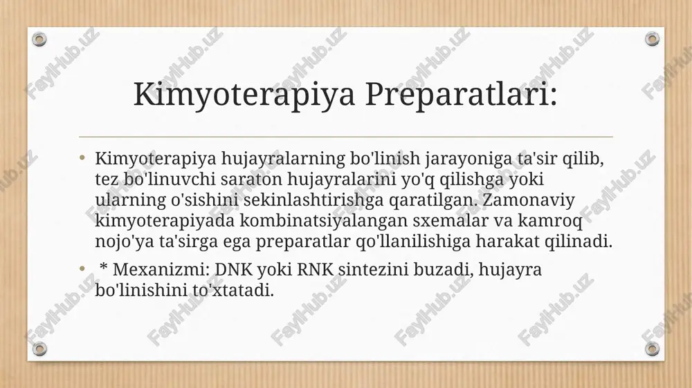 krak bezi, prostata va oshqozon osti bezi saratonlarida. * qo'llanilishi: muayyan genetik markerlarga ega bo'lgan saraton turlarida (o'pka, ko'krak, yo'g'on ichak, teri saratoni (melanoma), leykemiyalar va boshqalar). * asosiy nojo'ya ta'sirlari: teri toshmalari, diareya, charchoq, qon bosimining ko'tarilishi, jigar funksiyasining buzilishi (preparatga qarab farq qiladi). immunoterapiya preparatlari: immunoterapiya organizmning o'z immun tizimini saraton hujayralarini tanib olish va ularga qarshi kurashishga faollashtiradi. bu so'nggi yillardagi eng katta yutuqlardan biri hisoblanadi. * mexanizmi: immun tizimining saraton hujayralariga qarshi "tormozlarini" olib tashlaydi yoki immun hujayralarni saratonga qarshi kurashishga o'rgatadi. * turlari va misollari: * immun nazorat nuqtasi ingibitorlari (checkpoint inhibitors): saraton hujayralari ko'pincha immun tizimdan yashirinish uchun immun nazorat nuqtalaridan foydalanadi. bu preparatlar ushbu nazorat nuqtalarini bloklab, immun tizimining saratonga hujum qilishiga imkon beradi. * pd-1/pd-l1 ingibitorlari: pembrolizumab (keytruda), nivolumab (opdivo), atezolizumab (tecentriq), durvalumab (imfinzi). melanoma, o'pka saratoni, buyrak saratoni, qovuq saratoni, bosh va bo'yin o'smalari va boshqa ko'plab saratonlarda qo'llaniladi. * ctla-4 …