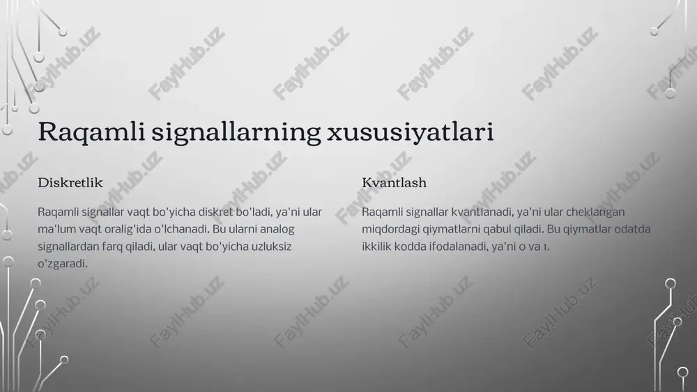 i qayta ishlash uchun moslashtirilishi mumkin. 3 analog-to-digital konverterlar (adc) analog signallarni raqamli signallarga aylantiradi. ular raqamli signalni qayta ishlash tizimlarining muhim qismi hisoblanadi. 4 sensorlar turli xil signallarni, masalan, ovoz, yorug'lik, haroratni o'lchash uchun ishlatiladi. 9 raqamli signallarni tahlil etish va qayta ishlashda yuzaga keladigan muammolar 1 shovqin raqamli signallarni tahlil qilish va qayta ishlashda shovqin katta muammo bo'lishi mumkin. shovqin signallarning aniqligini buzishi mumkin. 2 signallarni siqish signallarni siqish signallarni tahlil qilish va qayta ishlashda ma'lumot yo'qotilishiga olib kelishi mumkin. 3 xotira chegaralari raqamli signallarni tahlil qilish va qayta ishlash juda ko'p xotira resurslarini talab qilishi mumkin. 4 kechikish signallarni qayta ishlashda kechikishlar yuzaga kelishi mumkin, bu real vaqtli dasturlar uchun muammo bo'lishi mumkin. 10 raqamli signallarni tahlil etish va qayta ishlashning istiqbollari 1 sun'iy intellekt sun'iy intellektning rivojlanishi raqamli signalni qayta ishlashda yangi imkoniyatlar ochmoqda. masalan, chuqur o'rganish signallarni tahlil qilishda qo'llanilishi mumkin. 2 kvant hisoblash kvant …