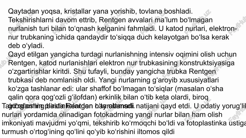 iriga qayta birlashtiriladi. lekin, rengen nurlaridan foydalanishning salbiy taraflari ham mavjud: ular odam organizmiga tushgach, to‘qimalar faoliyatiga salbiy ta’sir ko‘rsatishi va saraton kasalliklarini kelib chiqishiga sababchi bo‘lishi xavfi mavjud. shu sababli, organizmning rentgen tekshiruvlari oraliq masofasini saqlash vrachlar tomonidan doimiy va jiddiy nazorat qilinadi. rentgen trubkasi elektron-nur trubkasining bir turi bo‘lib, u radiatsiyaning aks ta'sirlarini minimallashtirish maqsadida atroflama to‘liq metall qoplama bilan qoplanadi. unda faqat juda kichik tirqish bo‘lib, u orqali rentgen nurlari mijoz tanasining tekshirlayotgan qismiga yuboriladi. trubkaning ichida kuchli quvvatga ega elekt toki, elektronlarni musbat anod va manfiy katod orasida harakatlanishga majbir qiladi. elektronlarning anodga ta'siri rengen nurlarinishining paydo bo‘lishiga olib keladi. kampyuter tamagrafiyasi - kt. kompyuter tomografiya (kt) va magnit-rezonans tomografiyaning (mrt) yaratilishi tibbiyot uchun olamshumul voqea bo‘ldi. ushbu zamonaviy diagnostika usullari xx asrning 90-yillari tibbiyotga kirib keldi. bunday ixtiro mualliflari nobel mukofotiga haqli ravishda sazovor bo‘lishdi. kt va mrt tekshiruvlaridan tibbiy diagnostikaning har qanday yo‘nalishida foydalanish …