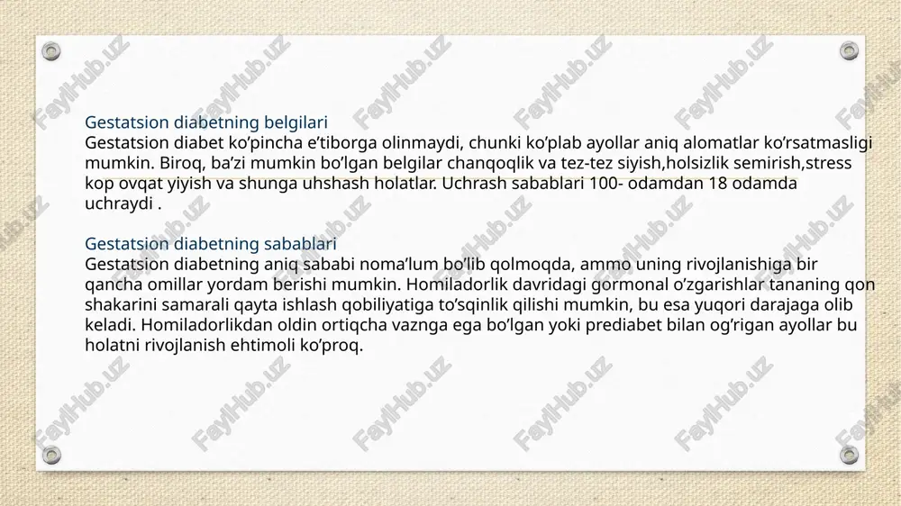 oli ko’proq. kelajakdagi qandli diabet xavfi: homiladorlik qandli diabet bilan kasallanganlar keyingi hayotlarida 2-toifa diabet rivojlanishiga ko’proq moyil bo’ladilar. gestatsion diabetda bolani xavfli asoratlari. bola tugilishi xavfi qiyin tugilish ,tugilishda travmalar xavfini oshishi. kamdan kam holarda bolani tugilayotgan vaqtida olim bilan tugashi. sariqlik bola tugilgandan kegin terining va koz oqlari sargayib qolishi. respirator distress sindoromi nafas olishda muamolarni bolishi.opkani yetarli darajada rivojlanmaganligi sababli nafas olishda qiyinchiliklar bolishi. katta vaznli bola. gipoglikemiya qonda shakarni pastligi .tugilgandan keyin bolani qonda shakarni keskin pasayishi. homiladorlik vaqti qonda qand miqdorini yuqori bolishi. preeklampsiya .homiladorlikning ikkinchi yarimida yuqori qon bosimi va siydikda oqsilni paydo bolishi. kesirva bilan tugish ehtimoli, katta vaznli bolani tabiiy yul bilan tugishni qiyinlashishi. 2- toifali diabetni rivojlanish xavfini yuqori bolishi. ortiqcha vazn toplash ,holsiz bolib qolish ,stressda bolish .depressiya xavflarini oshirishi ham mumkun. tuxumdon polikistoz sindromi bolishi. onada yosh ulgayavergan sari ortib boradi ayniqsa 35-yoshdan oshgan ayollarda. qandli diabetni nazorat kiltirish. …