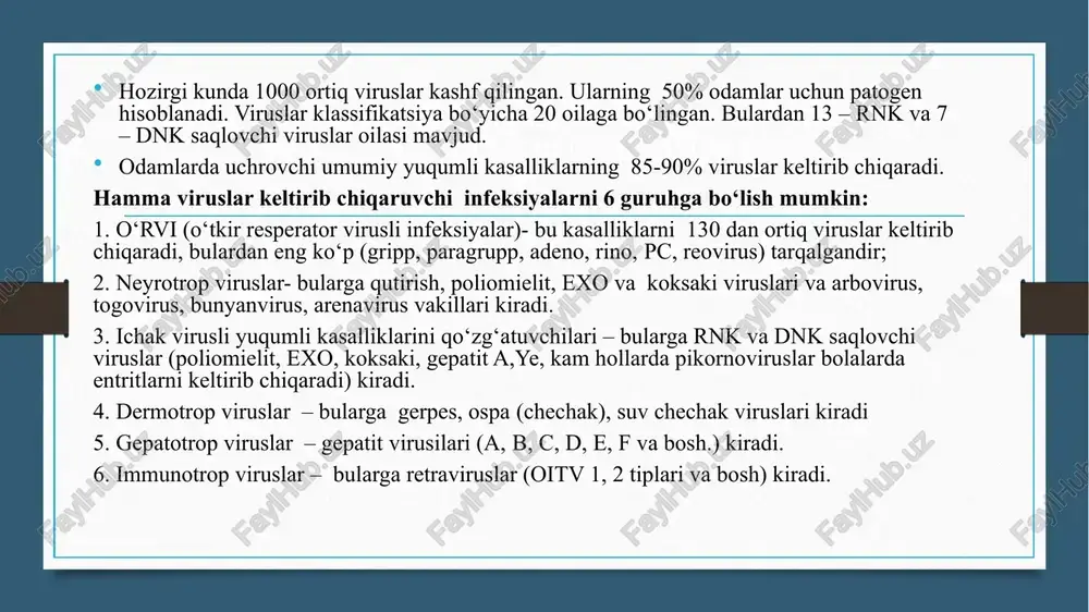 e filoviridae rrhab doviridae coronaviridae paramyxoviridae orthomyxoviridae paramiksoviruslar oilasi (paramyxoviridae) paramiksoviruslar oilasi (lotincha para — o'xshash, yaqin) odamlarga nisbatan patogen bo‘lgan 4 avlodni: paramyxovirus morbillavirus pneumovirus birinchi avlodga odamlarda paragrippni qo‘zg‘atuvchi virusni (opgv) 1-4 tiplari, ikkinchi avlodga epidemik parotit (tepki), uchinchi avlodga qizamiq virusi, to’rtinchi turkumga pc viruslari kiradi. rubulavirus paramiksoviruslar oilasi (paramyxoviridae) morfologiyasi paramiksoviruslar murakkab tuzilgan bo‘lib, sferik shaklga ega, o‘lchami 150-200 nm. bu virus rnk tutuvchi viruslar ichida eng yirigi hisoblanadi. virus genomi bir ipli rnk dan iborat. nukleokapsid tashqi tomondan lipid-uglevod-protein qobig‘i bilan o'ralgan bo‘lib, unda tikansimon o‘simtalar joylashgan, nukleokapsid spiral simmetriya tuzilishiga ega. nukleokapsid tarkibida bir necha virusga xos fermentlar bor, jumladan rnk -polimeraza (transkriptaza). nukleokapsid tashqi qobiqning ichki tomonidan qoplab turuvchi matriks oqsil bilan o'ralgan. tashqi qobiq hujayralardan hosil bo‘lgan 2 ta lipid qatlami va 3 ta virusga xos oqsildan tashkil topgan. shulardan 2 ta oqsil o‘simtalar tarkibiga kiruvchi glikoprotein n h bo‘lib, gemagglutinatsiya qilish …