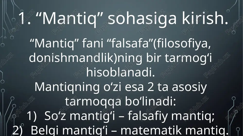 ixtiyoriy “f” aynan yolg‘on bo‘lmagan (yoki aynan rost bo‘lmagan) formulasining mdnf(yoki mknf)si mavjud”. mdnf(mukammal dizyunktiv normal forma) – turli mukammal elementar konyunksiyalardan tuzilgan dizyunksiya. misol: (x1*2*x3)+ (x1*2*3)+ (1*x2*x3). mknf(mukammal konyunktiv normal forma) – turli mukammal elementar dizyunksiyalardan tuzilgan konyunksiya. misol: (x1+2+x3)*(x1+2+3)*(1+x2+x3). qisqa qilib aytganda, mulohazalar algebrasining “f” formulasiga teng kuchli dnf(knf, mdnf, mknf) “f” formulaning dnf(knf, mdnf, mknf)si deyiladi. 2. mdnf va mknf. “f” funksiya uchun mdnf ni tuzayotganda, “f” funksiyaning qiymati “1” ga teng bo‘lgan satrlarga e’tabor beriladi. shu satr qiymati “1” ga teng bo‘lishi uchun “x” o‘zgaruvchilar kerakli holda yoziladi. misol: mdnf(f)=(1*2)+(x1*2) mdnf(mukammal dizyunktiv normal forma). endi quyidagi murakkabroq bir misolni ko‘rib chiqsak: mdnf(f)=(1*2*3)+(1*2*x3)+(x 1*2*3)+(1*2*x3)+(x 1*x2*x3) ushbu chizmada esa buni osonroq tushunish mumkin: bilimni sinab ko‘rish uchun shu funksiyalarning mdnf larini toping va mantiqiy sxemalarini 2 xil tarzda tuzing! “f” funksiya uchun mknf ni tuzayotganda, “f” funksiyaning qiymati “0” ga teng bo‘lgan satrlarga e’tabor beriladi. shu satr qiymati …