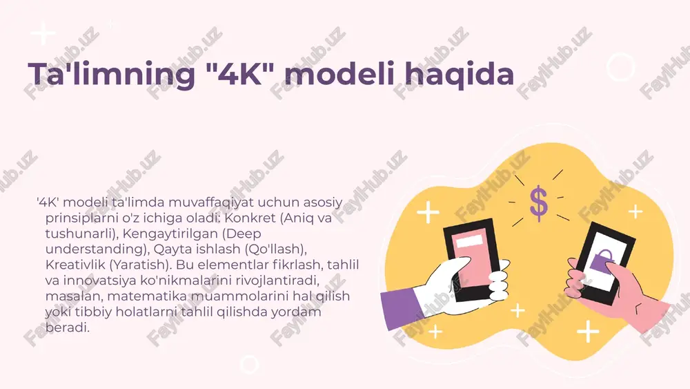 adi. bu usul fikrlash jarayonlarini kuchaytiradi. kompaniya va jamoa ishlarida qo'llanilishi modelning amaliy qo'llanilishi korporativ muhitda va jamoaviy loyihalarda muhim. bu usul yordamida talaba jamoa bilan ishlash va loyiha boshqaruvini o'zlashtiradi. interaktivlik va innovatsion yondashuvlar 4k modeli ta'limda faol ishtirok, fikrlash va muammo hal qilishni rivojlantiradi, shuningdek, ijodkorlikni oshiradi. tashkiliy muammolar tashkiliy va pedagogik muammolar modelni to'g'ri joriy etishda qiyinchiliklar tug'dirishi mumkin. texnologik rivojlanish yangi texnologiyalar ta'limda qo'llash imkoniyatlarini kengaytirib, innovatsion yondashuvlarni rivojlantirishga yordam beradi. raqobat va standartlar raqobat va standartlar modelni qabul qilish va rivojlantirishda cheklovlar va muammolar yaratishi mumkin. s w o t 4k modeli va o'qituvchilar o'qituvchilarning 4k modelidan foydalanish usullari: faol ishtirok, interaktiv metodlar, muhokamalar, guruh ishlari, texnologiyalardan foydalanish. bu usullar o'quv jarayonini qiziqarli va samarali qiladi. o'qituvchilarning roli va mas'uliyatlari: motivatsiya berish, yo'naltirish, baholash. tajribalar o'quvchilarning o'z-o'zini baholash va fikrlash qobiliyatlarini rivojlantiradi. 1 2 4k modelining o'quvchilarga ta'siri 4k modeli o'quvchilarning o'z-o'zini baholash ko'nikmalarini rivojlantiradi, …